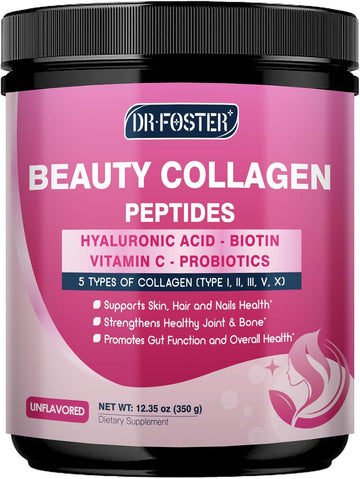 DRFOSTER Multi Collagen Peptides Powder with Beauty Complex, 35 Servings | Type I, II, III, V, X, Hydrolyzed Collagen Powder with Vitamin C & Biotin for Skin Hair Nail Joint for Women, Non-GMO
