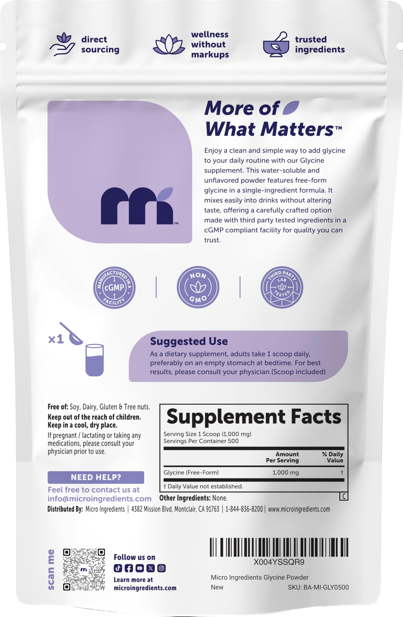 Micro Ingredients Glycine Powder, 1KG (2.2 Pounds), Glycine 1000mg Per Serving, Water Soluble and Product of USA
