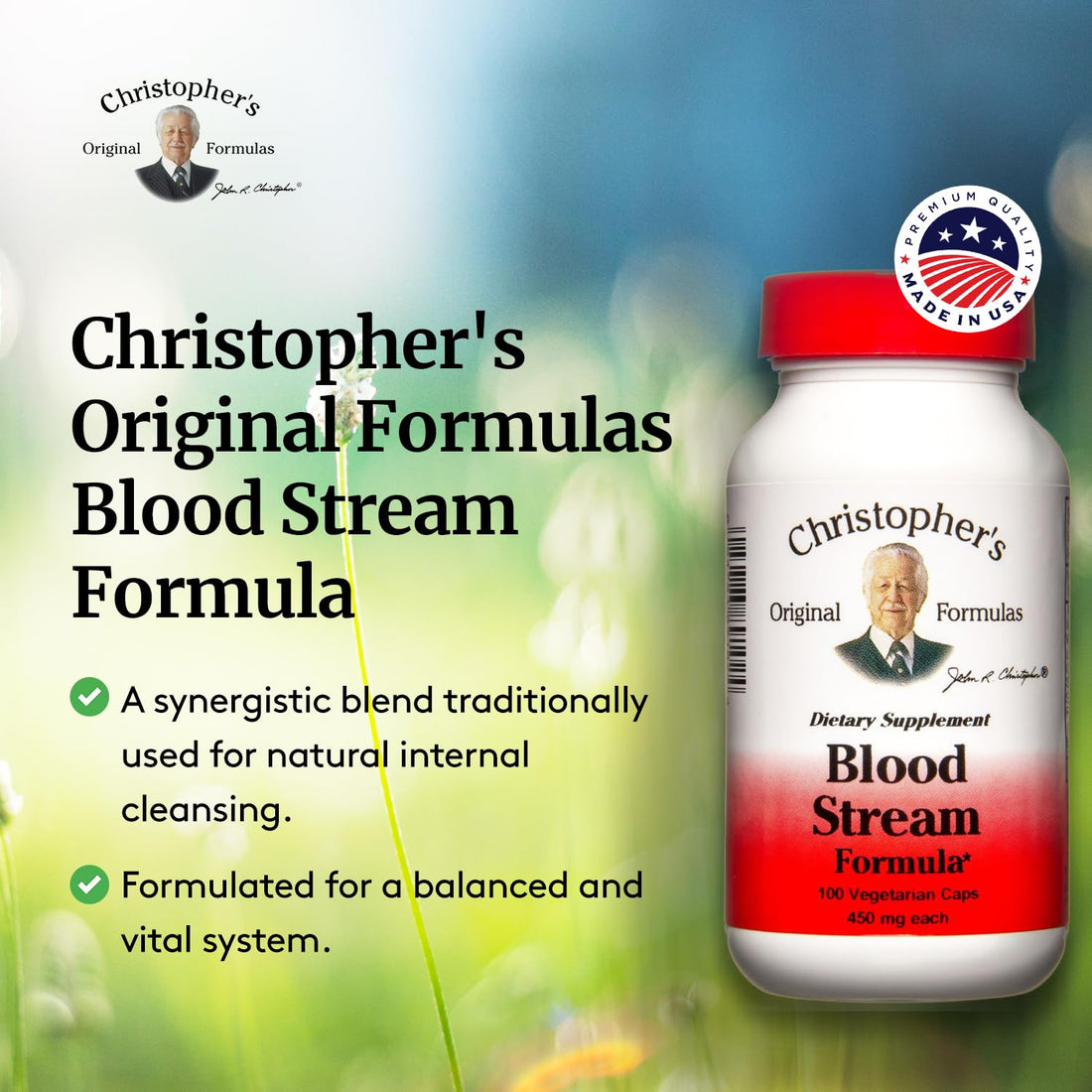 Supplement bottle labeled 'Christopher's Original Formulas Blood Stream Formula' on a white background