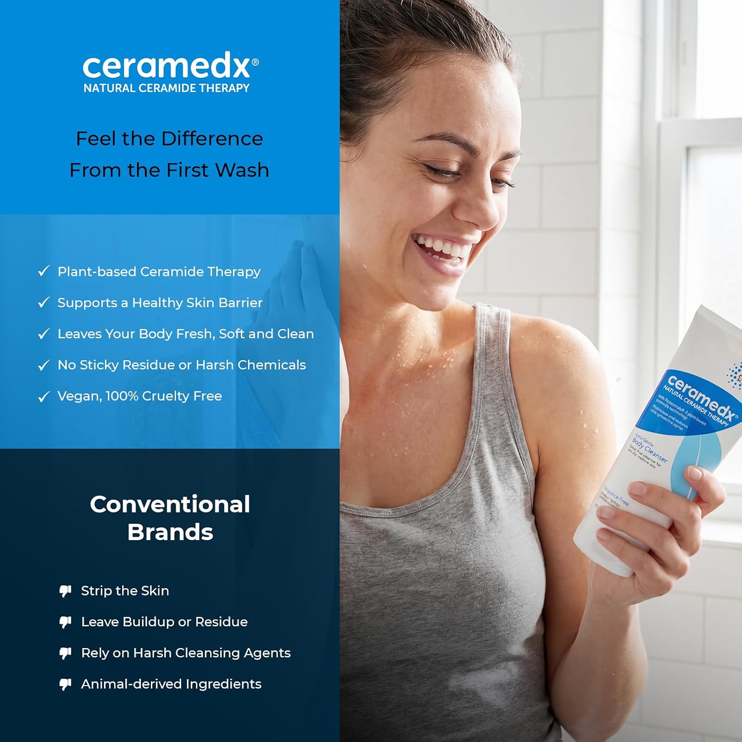 Ceramedx - Extra Gentle Body Cleanser | Natural Ceramide Cleanser for Dry, Sensitive Skin | Cruelty Free, Vegan & Fragrance Free | 6 fl oz | Plant-Based Riceramide-3, Hyaluronic Acid & Aloe | Soap-Free Wash for Very Dry, Sensitive Skin | Vegan, Sulfate Fr