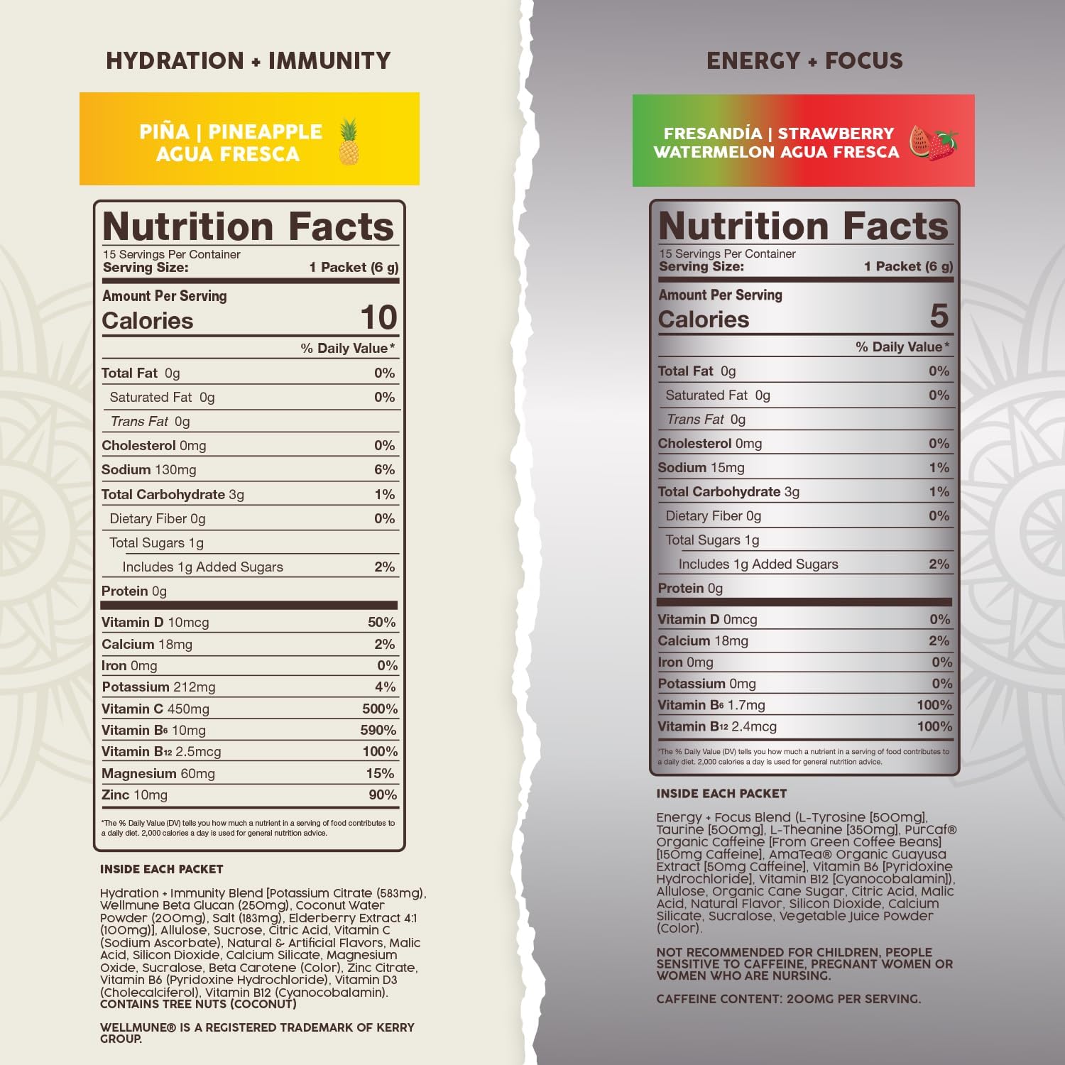 Salud 2-Pack | 2-in-1 Hydration + Immunity (Pineapple) & Energy + Focus (Strawberry Watermelon) – 15 Servings Each, Agua Fresca Drink Mix, Non-GMO, Gluten Free, Vegan, Low Calorie, 1g of Sugar