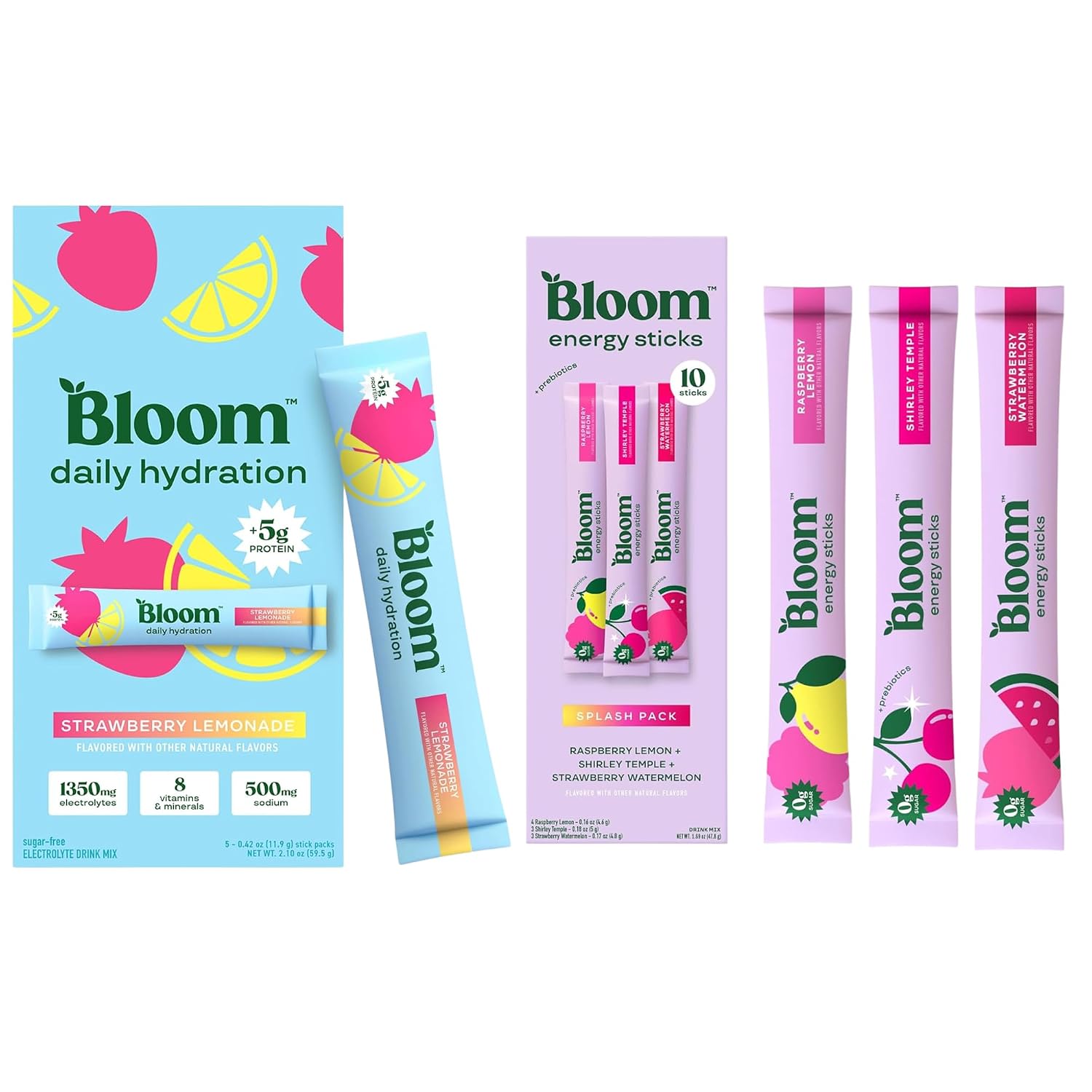 Bloom Energy Sticks Variety Pack and Hydration Sticks Strawberry Lemonade Bundle