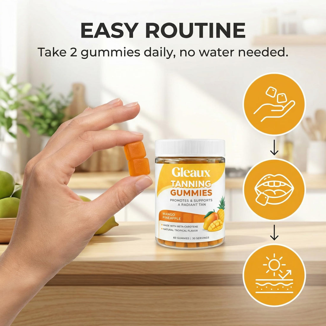 Jar of Gleaux Tanning Gummies with mango and pineapple flavor on a white background