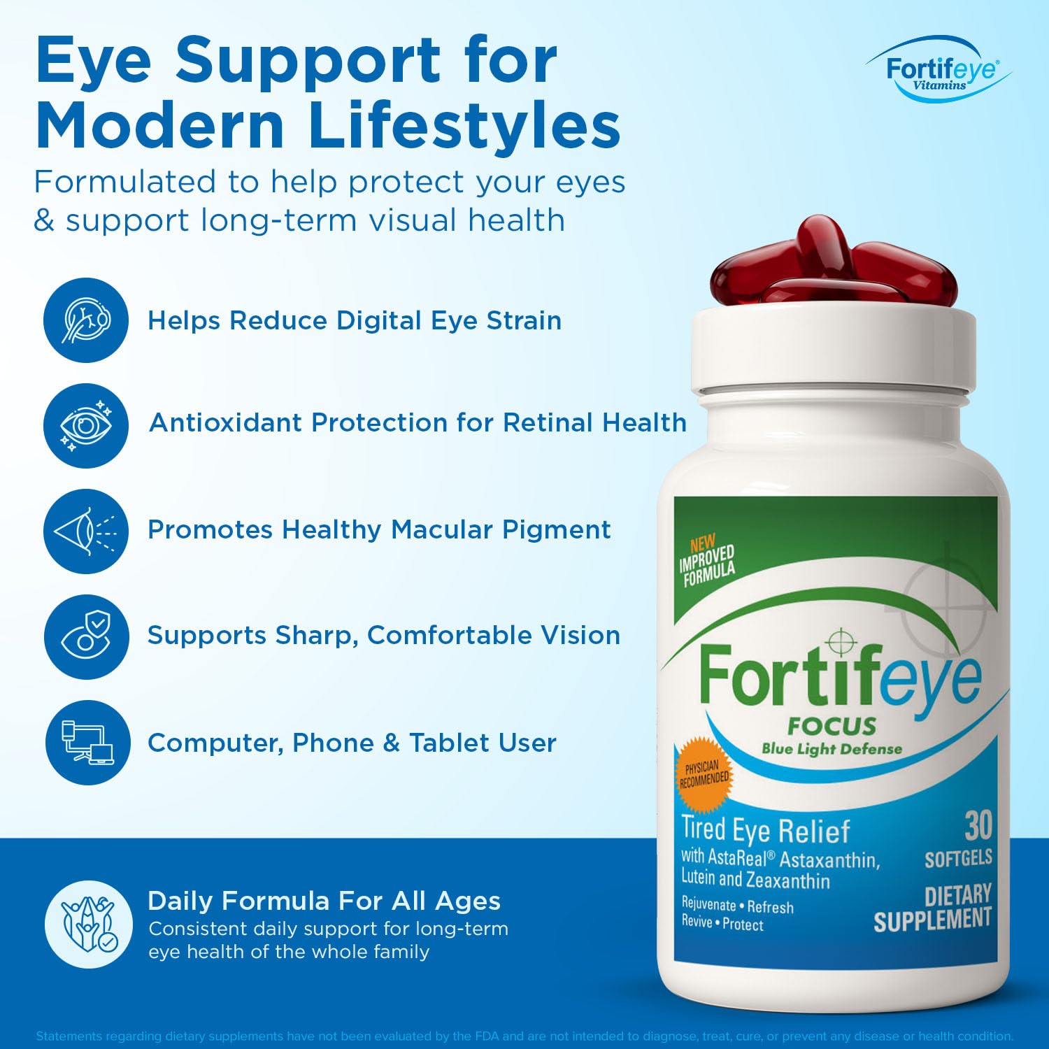 Fortifeye Focus Eye Care Supplement 30 Softgel Capsules - Triple Carotenoid Including Astaxanthin, Lutein, and Zeaxanthin Supplements, Eye Vitamins, Supports Eyes Fatigue and Blue Light Protection