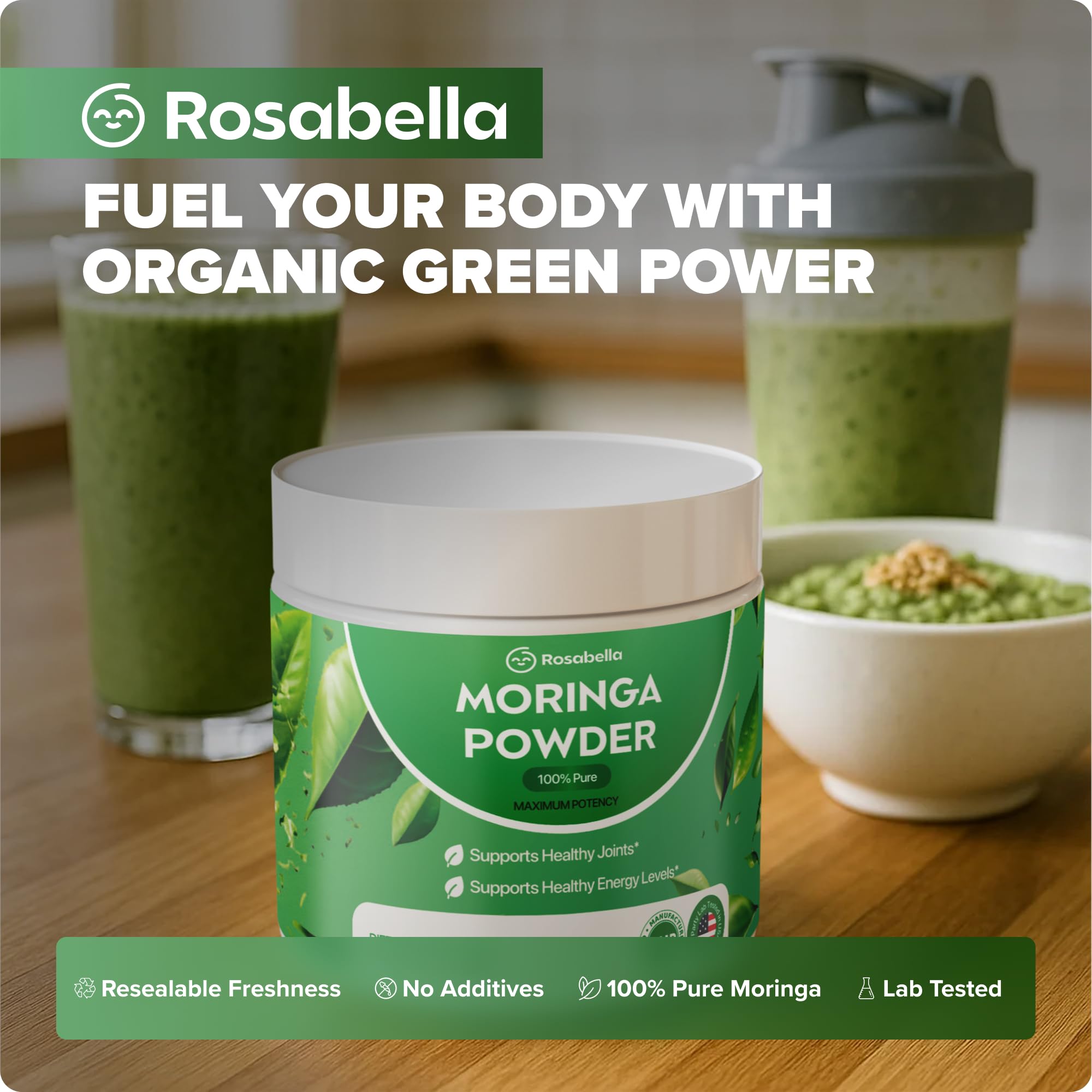 Rosabella Pure Moringa Powder - Energy, Skin, Immune & Gut Health Superfood, Rich in Antioxidants, Essential Vitamins & Amino Acids, Natural Green Superfood Supplement (3.7oz (Pack of 1))