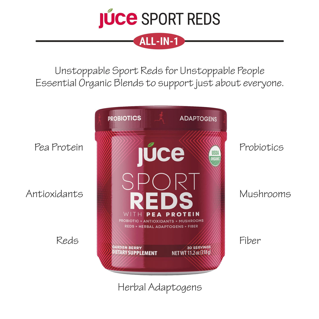 Terra Kai Organics Juce SR7 Sport Reds Organic Fruit & Veggies w/Pea Protein | 43 Superfoods, Antioxidants, Mushrooms, Beets, Herbal Adaptogens, Probiotic, Fiber, Garden Berry Flavor (30 Servings) Terra Kai OrganicsBuy Supplements Australia