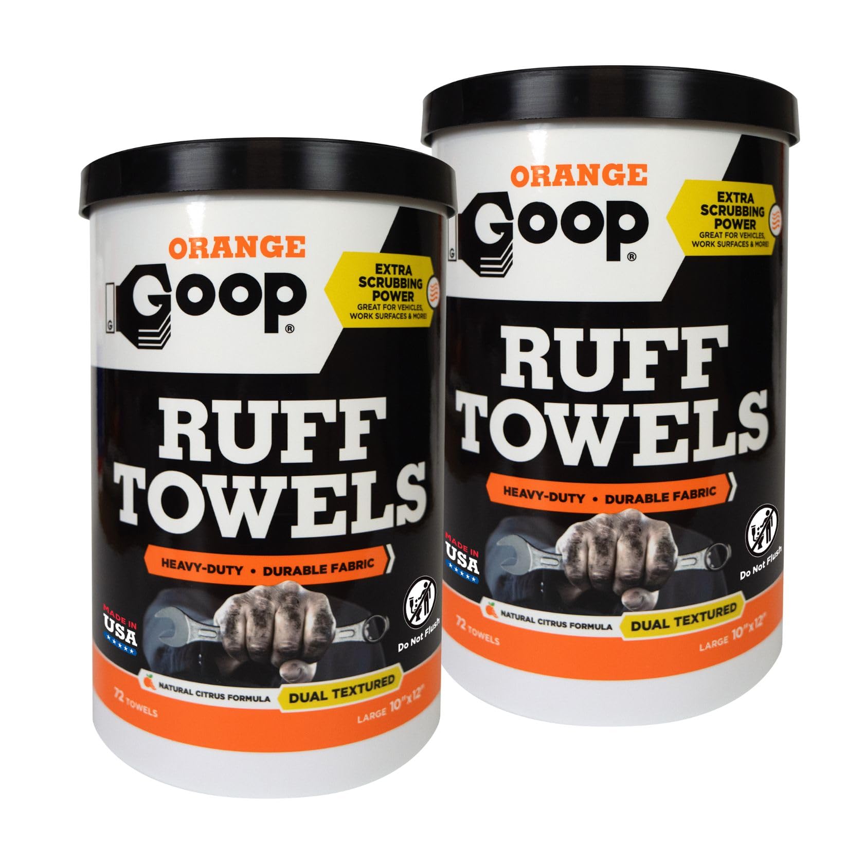GOOP Orange Heavy Duty Ruff Towels with Scrubbing Power, 10” x 12” Dual Textured Multi-Purpose Cleaning Wipes, Removes Dirt, Grease, Oil, 72 Count
