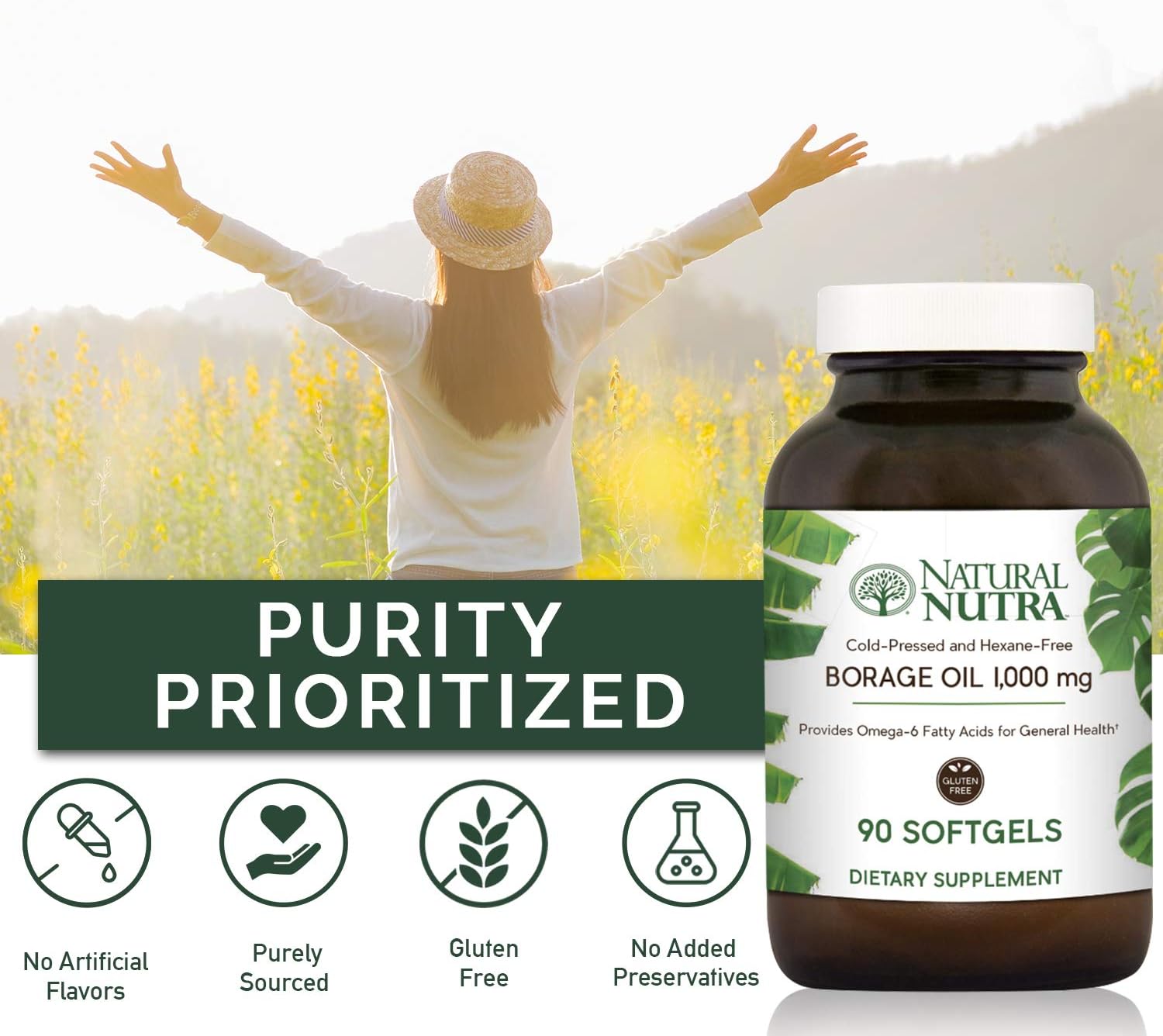 Natural Borage Oil Supplement, Omega-6 Fatty Acid, 90 Softgels | Rich in gamma-linolenic acid (GLA), Supporting Skin, Nerve, & Joint Health