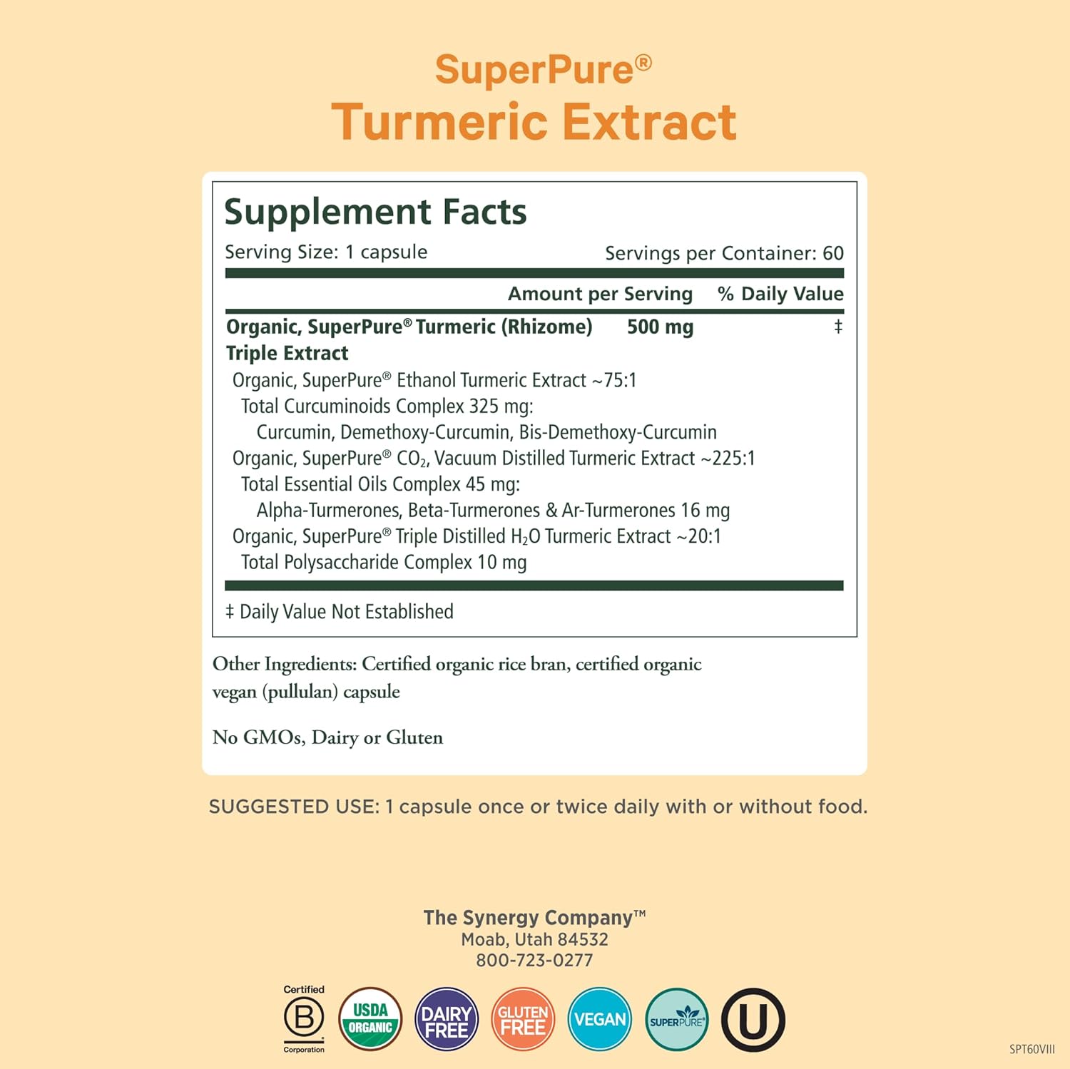 Pure Synergy SuperPure Turmeric Extract | Organic Curcumin Supplement | 500 mg Turmeric Extract Capsules | Potent Support for Immune and Joint Health (60 Capsules)
