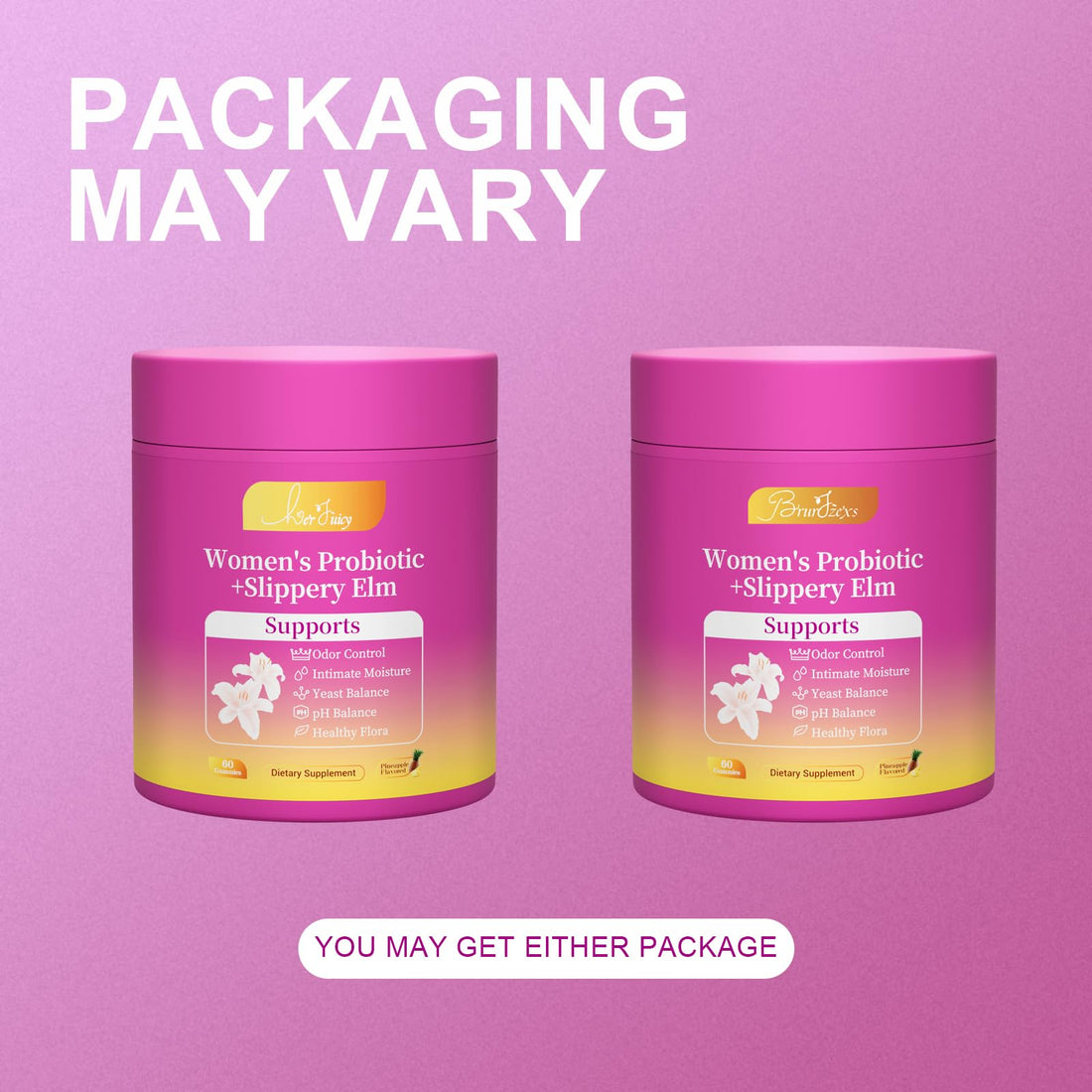 Pink container of women's probiotic with a pineapple-shaped supplement on a white background