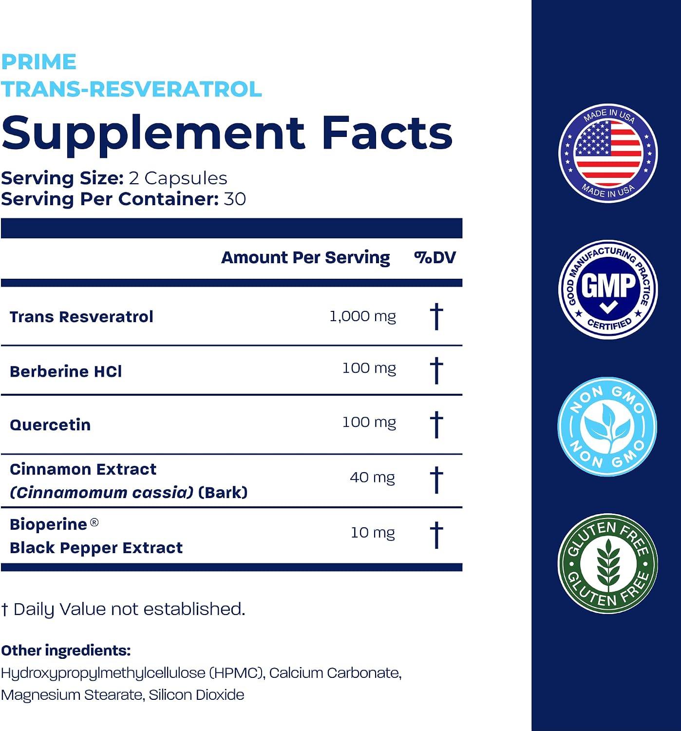 BONE SCIENCE Prime Trans-Resveratrol 1000 mg, High-Purity 5-in-1 Formula with Quercetin, Berberine HCl, Cinnamon Extract & BioPerine, Antioxidant Support, Non-GMO, 2 Month Supply
