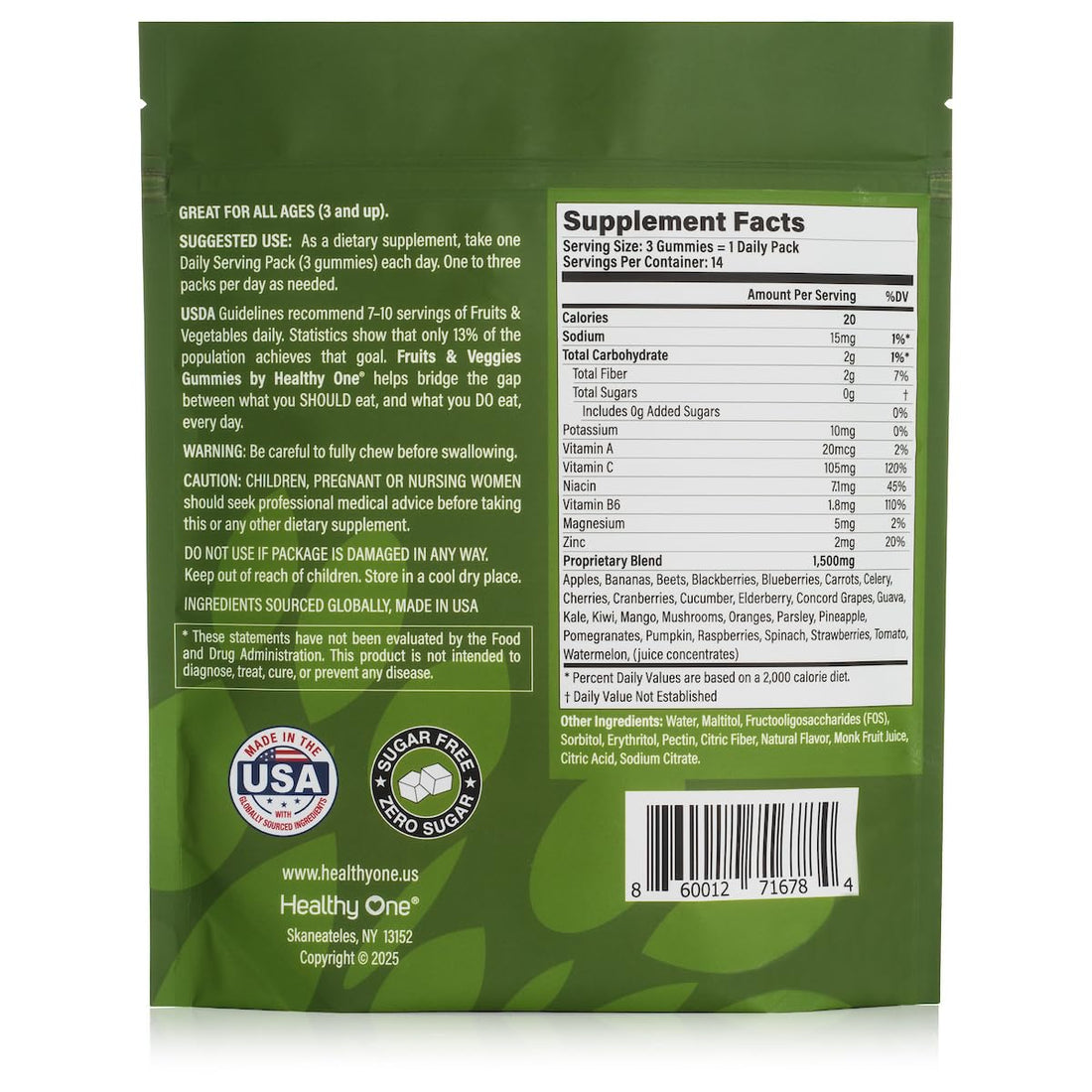 Healthy One Fruits & Veggies Superfood Gummies packaging with gummies on a white background