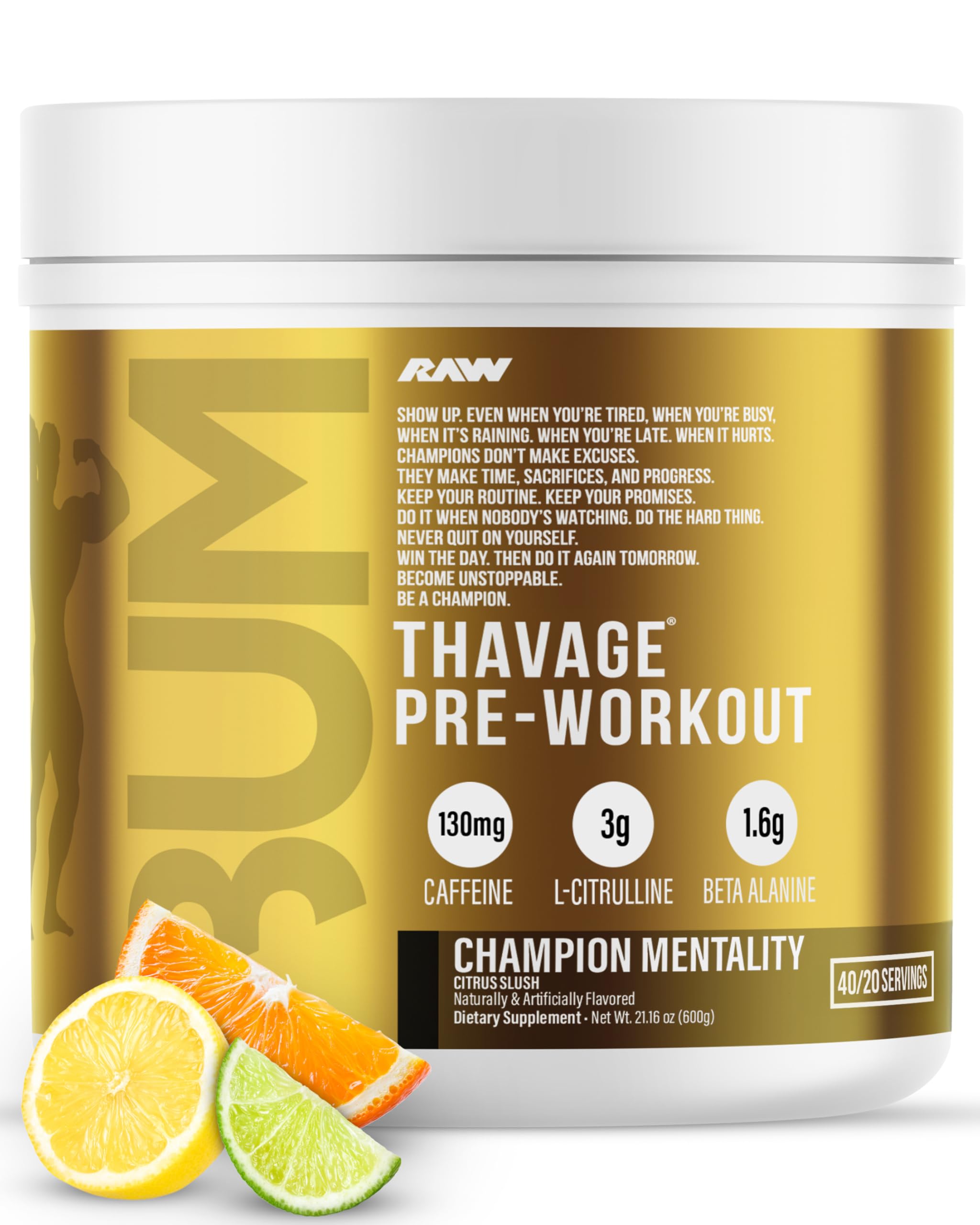 RAW Pre Workout Powder, Thavage (Beach Bum) - Chris Bumstead Sports Nutrition Supplement for Men & Women - Cbum Pre Workout for Working Out, Hydration, Mental Focus & Energy - 40 Servings