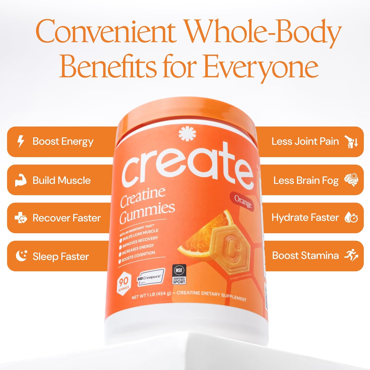 Create Creatine Monohydrate Gummies for Men & Women, Boost Focus, Strength, and Endurance, Anti-Melting Formula, Vegan, Gluten-Free, Non-GMO, 1.5g of Creatine per Gummy (Orange)