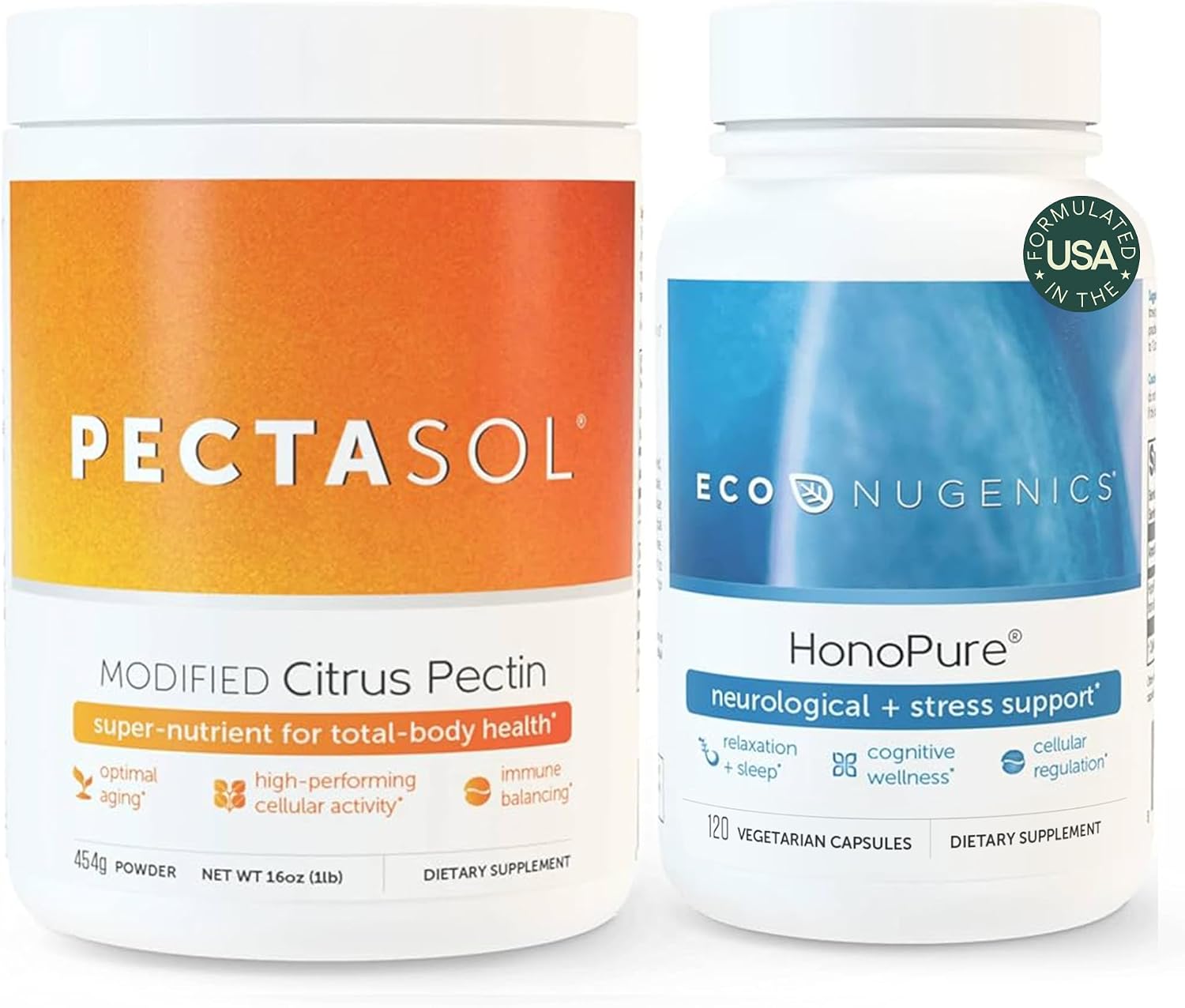 ecoNugenics Brain Health Supplement Bundle – PectaSol Modified Citrus Pectin Fiber + HonoPure Magnolia Bark Extract — Nootropic Pack for Sleep, Stress Relief, Cognitive Function, GABA Support