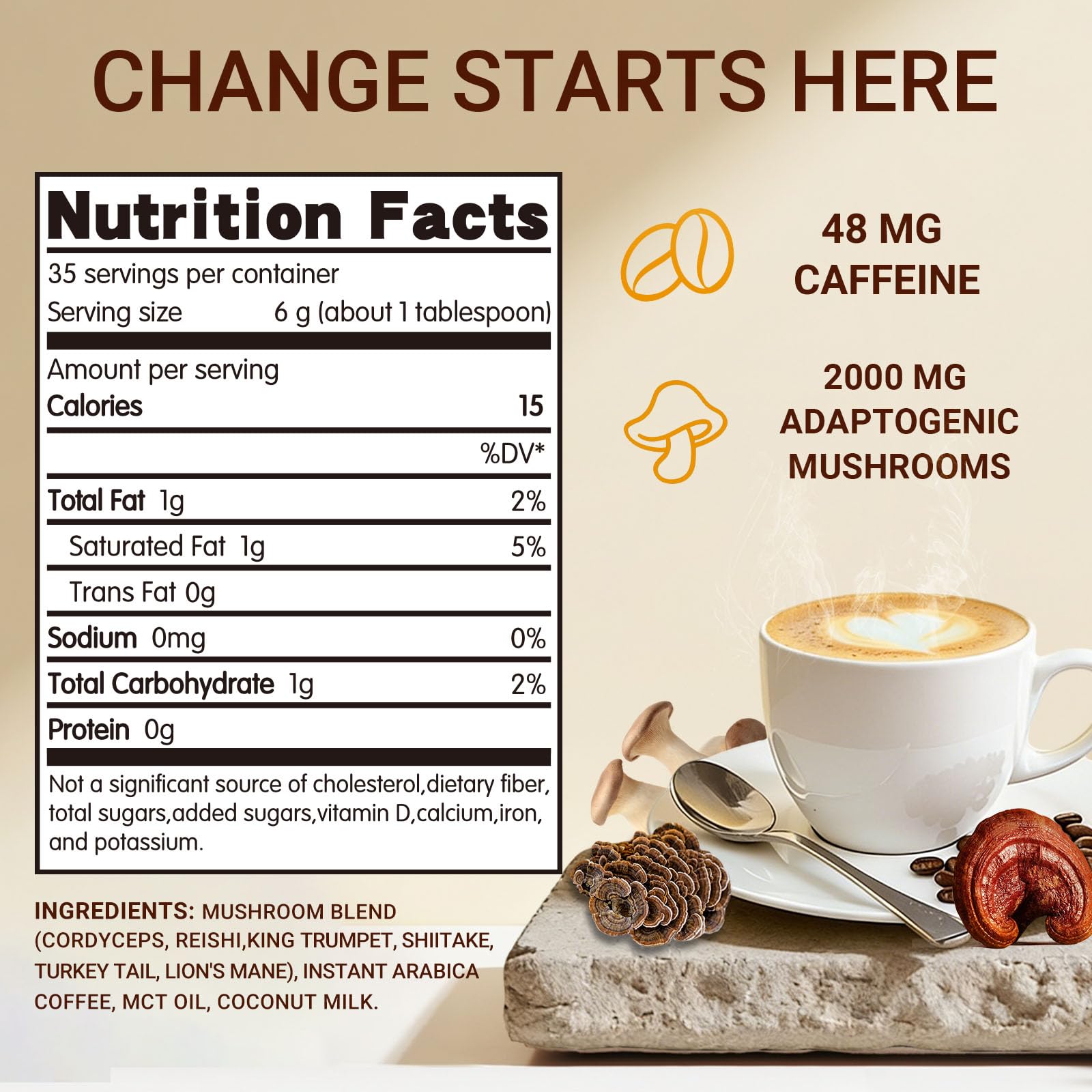 Mushroom Coffee, Instant Mushroom Coffee Organic with 6 Mushrooms Lion’s Mane, Cordyceps, Turkey Tail & Other for Energy, Focus, Digestion, Immunity, 35 Servings