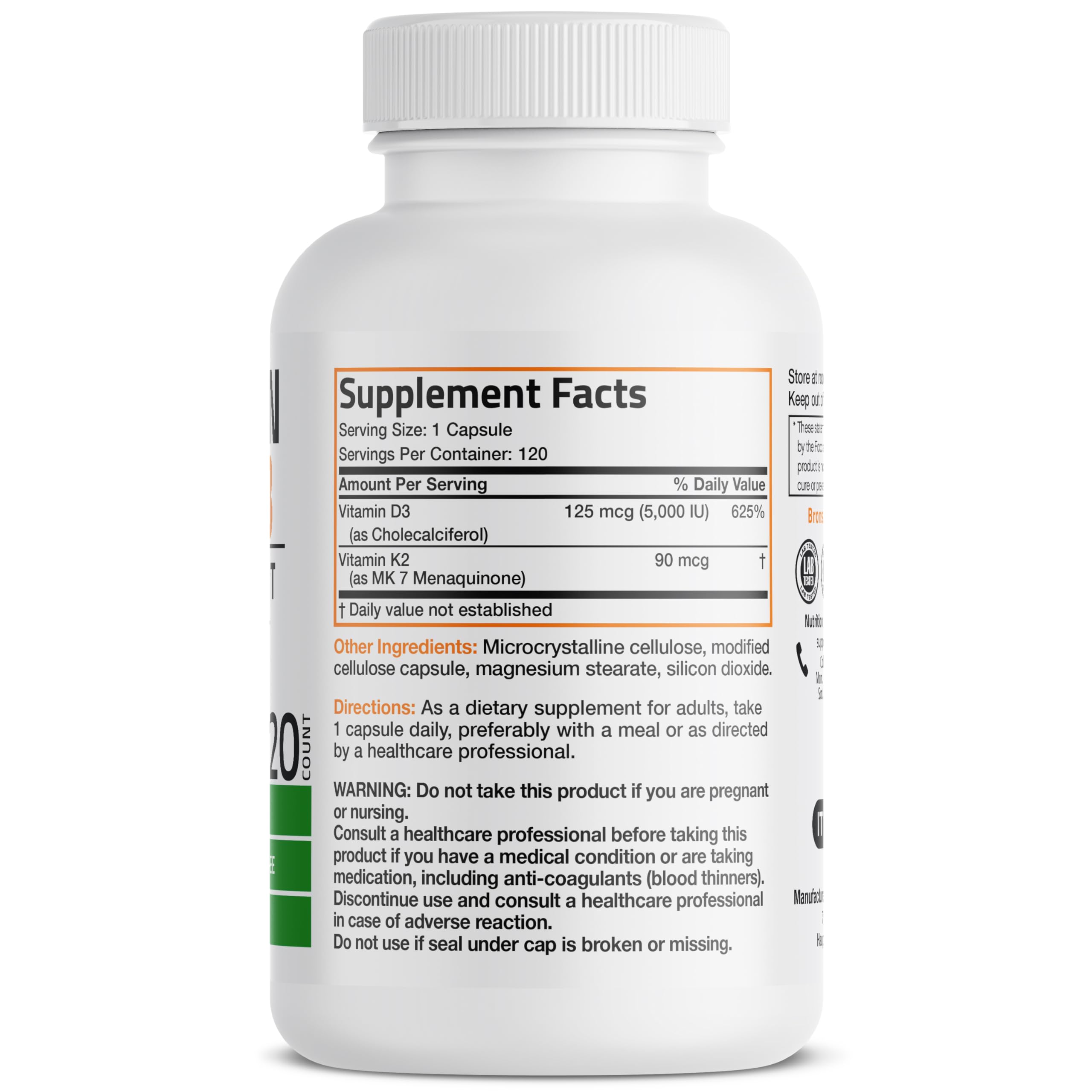 Bronson Vitamin K2 D3 (MK7) Supplement 2-in1 D3 & K2 Complex, 60 Capsules | Bone, Immune & Heart Health Support, Gluten Free, Soy Free, Non-GMO, Vitamin D3 5000IU (125 mcg) & 90 mcg K2 MK-7