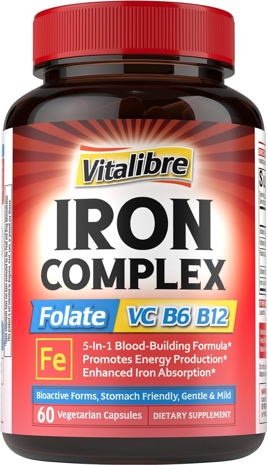 Iron Supplement for Women & Men, with Vitamins C, B6, B12 & Folate | for Iron Deficiency, Blood Building & Energy Support, Stomach Friendly, Better Absorption, Non-GMO, No Gluten, 60 Vegan Caps