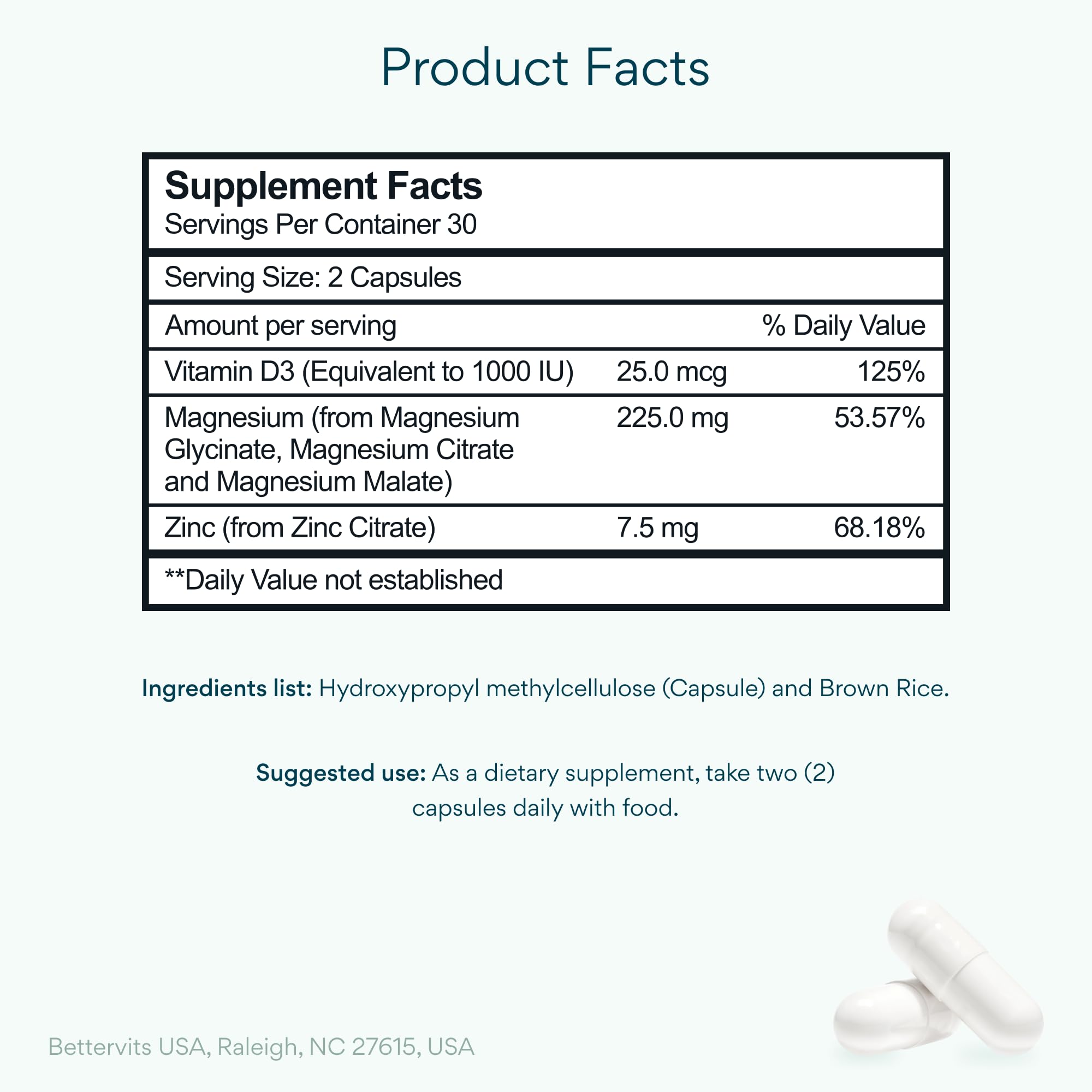 Bettervits Magnesium Glycinate Complex with Citrate Malate Zinc & Vitamin D3 | High Absorption Pure Magnesium 225mg Supplement Chelated Formula for Muscle Relaxation, Sleep Support – 60 Capsules BettervitsBuy Supplements Australia