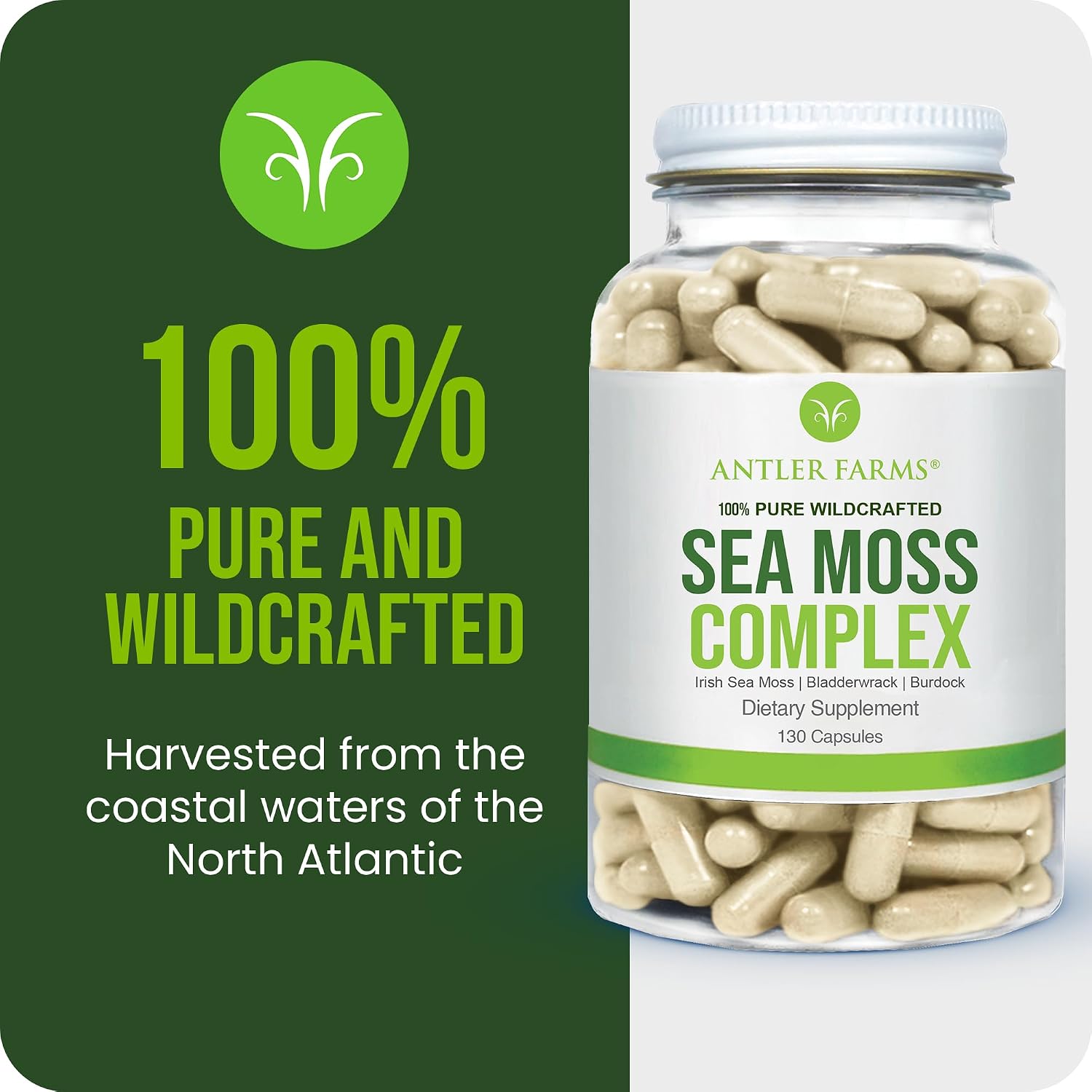 Antler Farms Sea Moss Complex - Bladderwrack, Burdock Root, 130 Capsules | Wildcrafted Irish Sea Moss, Bladderwrack, and Burdock Root, for Wellness, Vegan-Friendly, Gluten, Soy, and Dairy Free