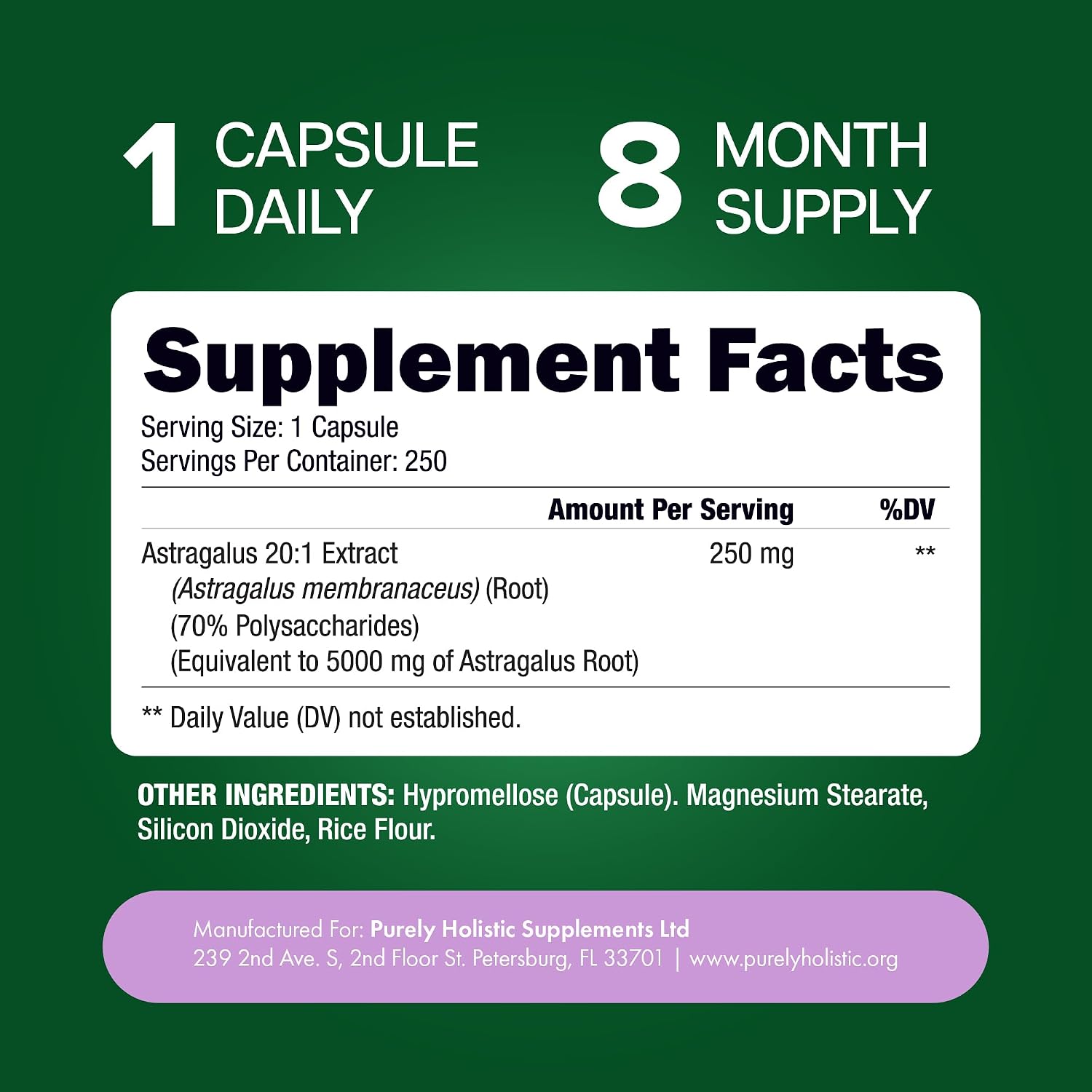 Astragalus Root, 8 Month Supply, Immune Support, 20:1 Astragalus Extract | 20:1 Astragalus Extract, 70% Polysaccharides, High-Concentration Adaptogen Support for Energy & Vitality, Vegan, 250 Capsules