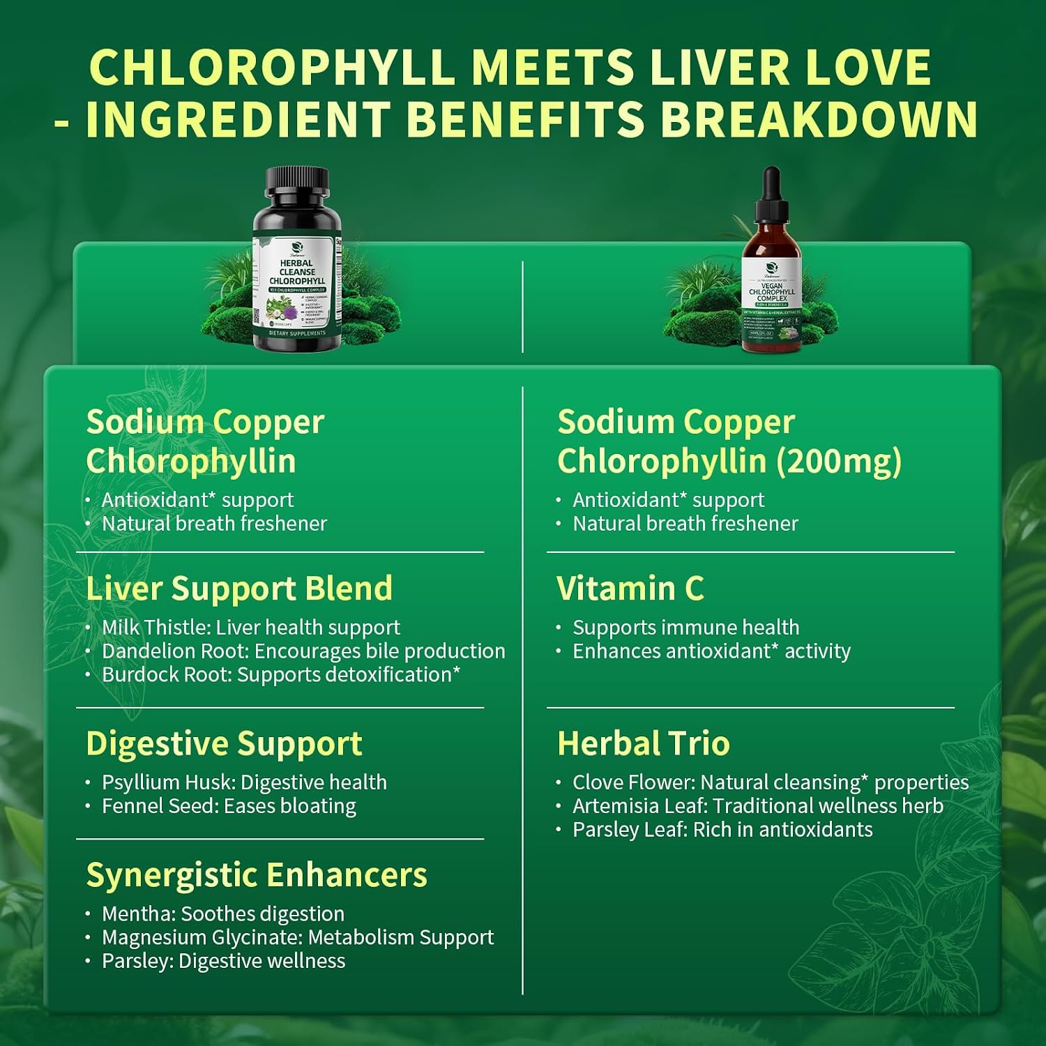 Liquid Chlorophyll Drops with Caps for Immune, Detox & Antioxidant | Chlorophyll Daily Combo for Digestion & Gut Health, Energy, Internal Deodorizer, Vegan, Sugar-Free, 2Oz + 120 Caps