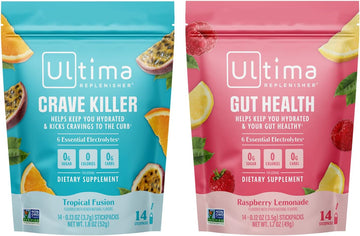 Ultima Replenisher Electrolyte Powder Drink Mix Bundle – Sugar Free – Crave Killer and Gut Health, 14 Stickpacks – 6 Electrolytes and Minerals – Keto Friendly, Vegan, Non-GMO