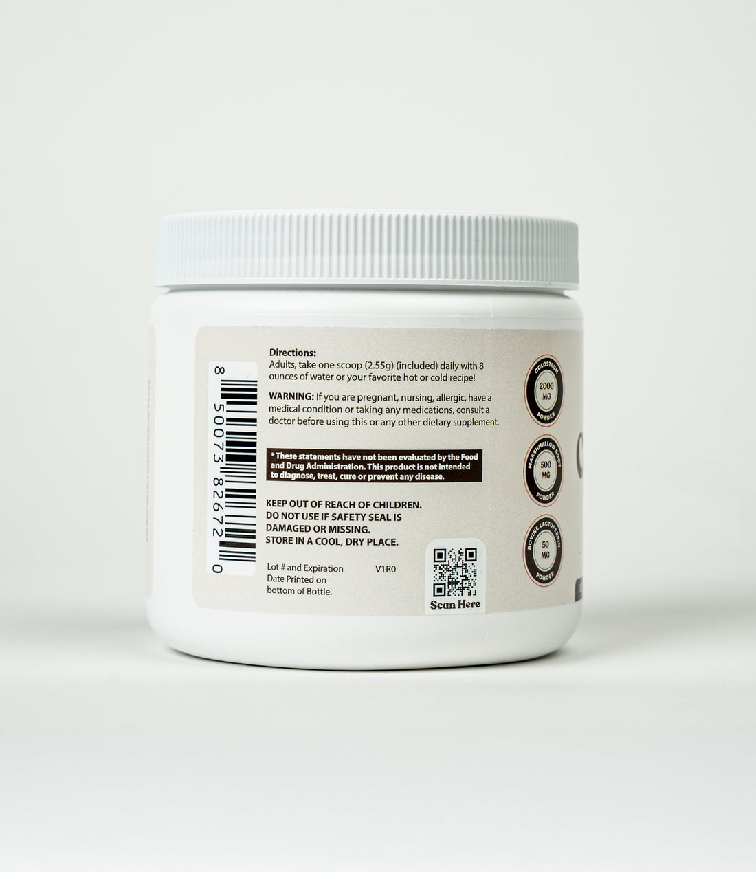 Jar of Optimal Human Bovine Colostrum supplement with visible powder on a white background