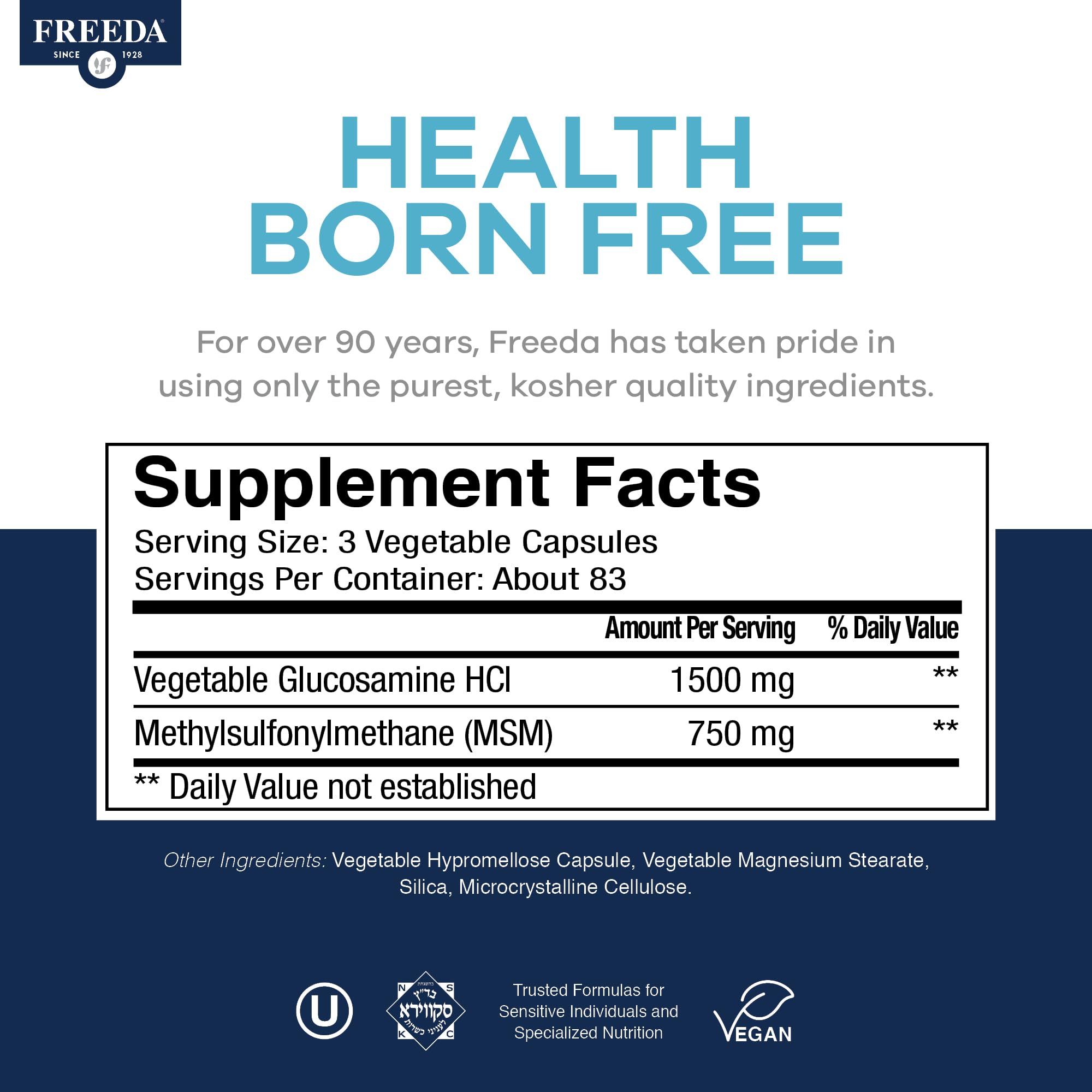 FREEDA Glucosamine 1500mg + MSM 750mg for Bone & Joint Support – 100ct | For Active Lifestyles – Supports Knees, Hips, Flexibility, & Mobility – Vegan, Kosher, Shellfish-Free, Made in USA