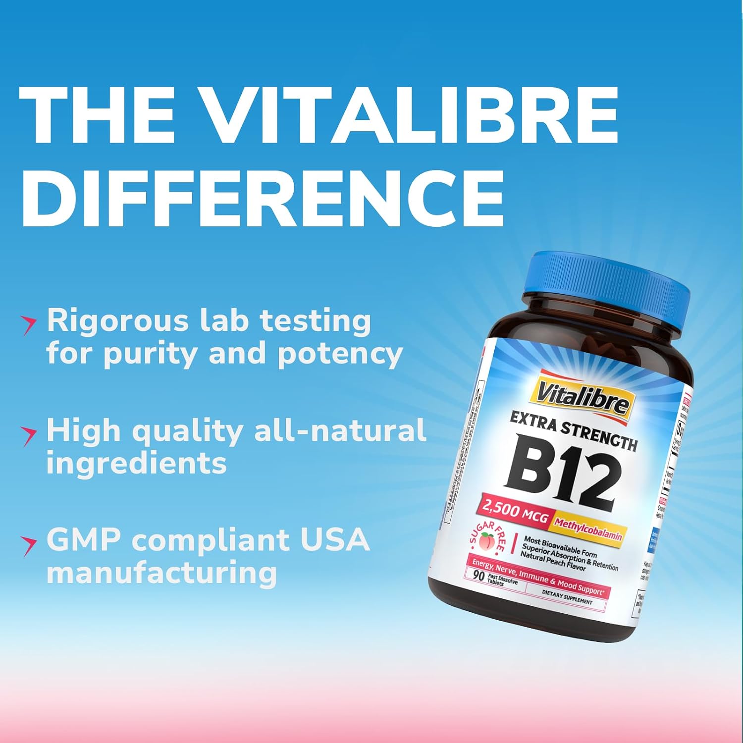 Vitalibre Vitamin B12 2500 mcg, Extra Strength Sublingual Methylcobalamin, Natural Peach Flavor, Nervous System, Energy Support, No Sugar, 90 Fast Dissolve Tablets