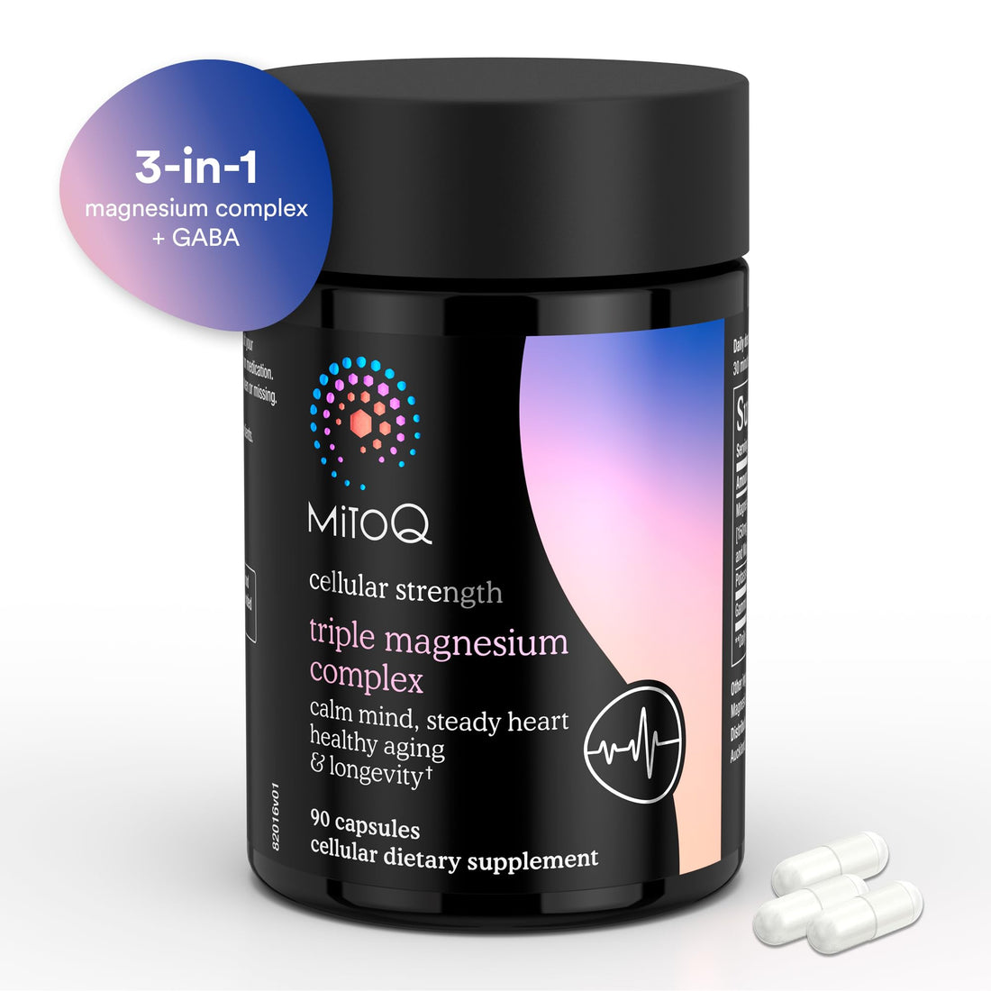 Black supplement bottle labeled 'MitoQ' with white capsules on a white background