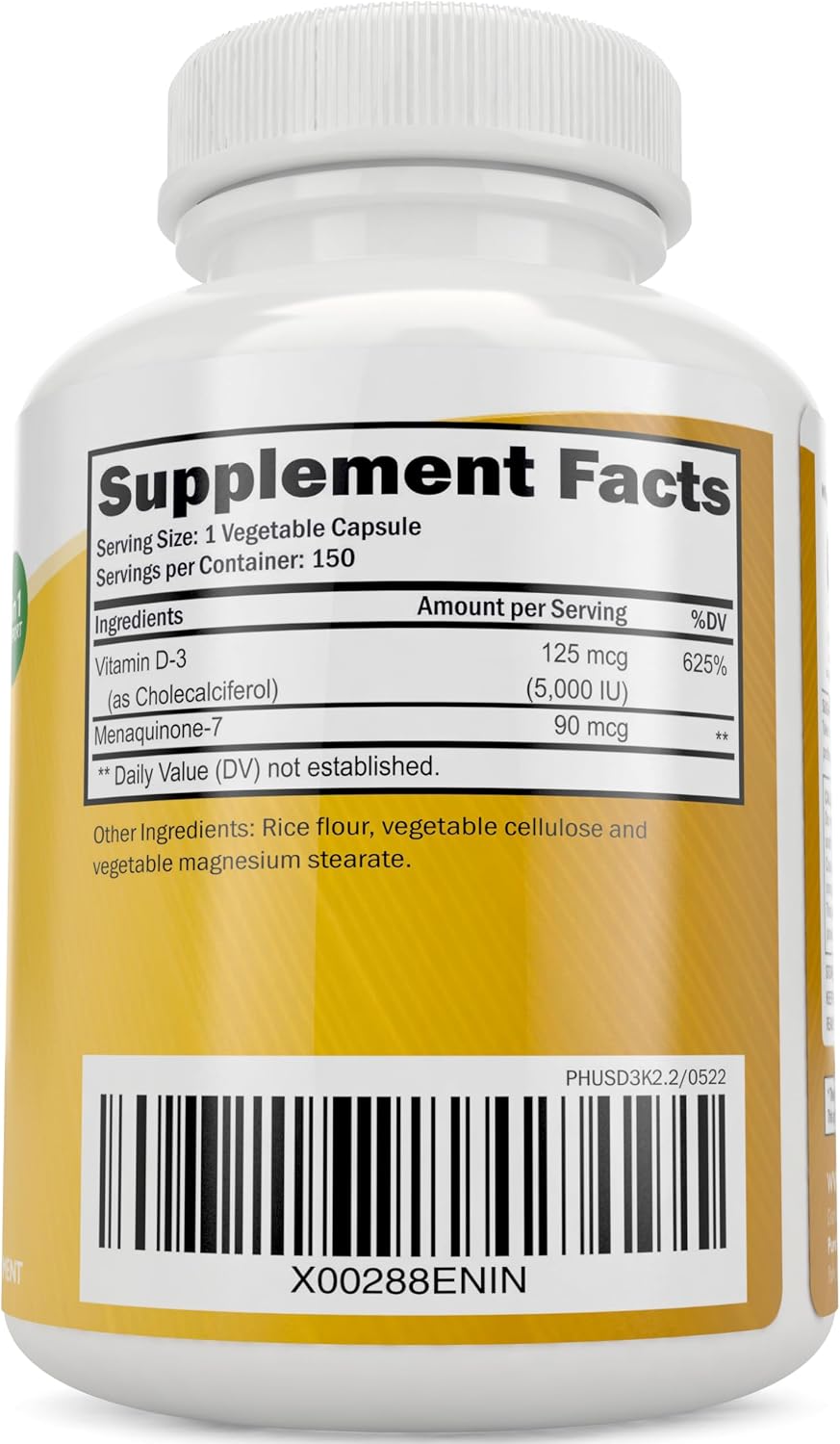 Vitamin D3 K2, 150 Servings, 5000iu D3 + 90mcg K2, Bone & Immune Support | Energy & Heart Health Support, High Absorption & Non-GMO, Once-Daily Vitamin Supplement, 150 D3K2 Capsules (5 Month Supply)