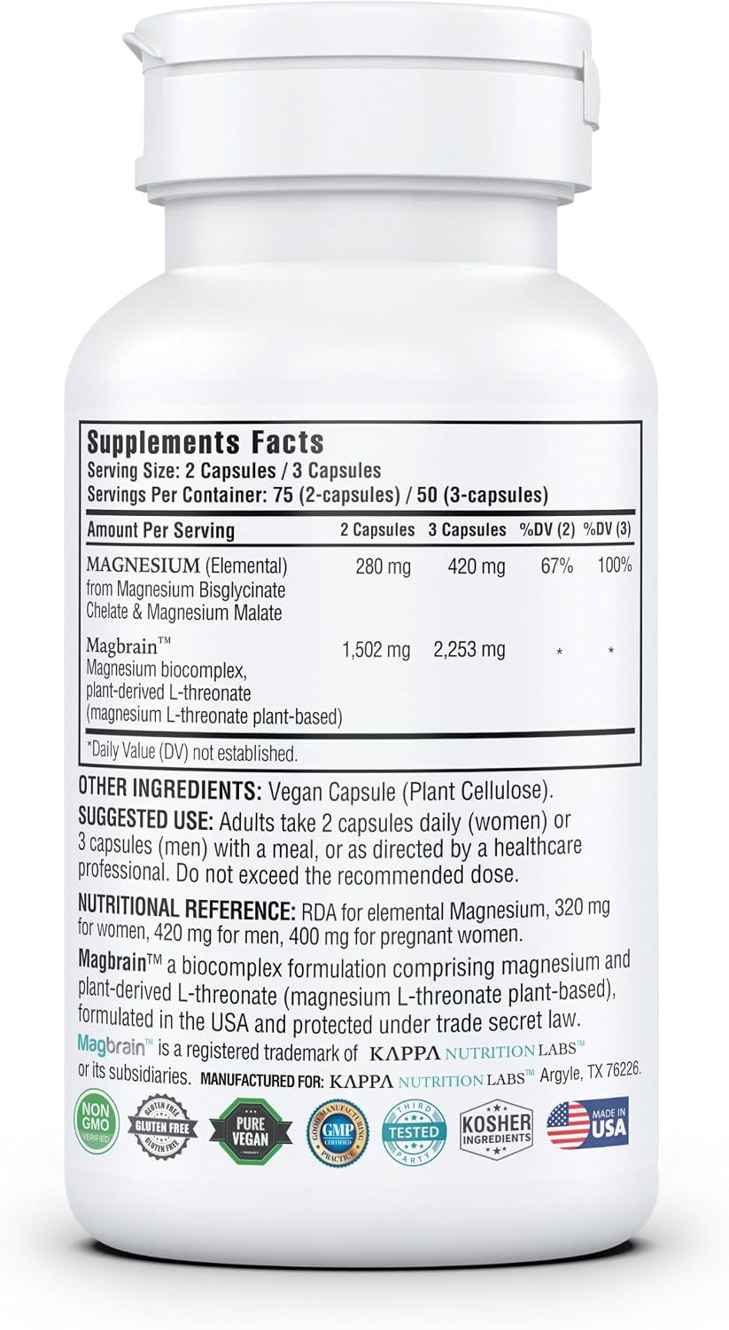 Magnesium L-Threonate Plant-Based 3 in 1 Powered by Magbrain® Magnesium L-Threonate Plant-Based | Magnesium Bisglycinate & Magnesium Malate | Up to 420 mg Elemental Magnesium | 150 Vegan Capsules.