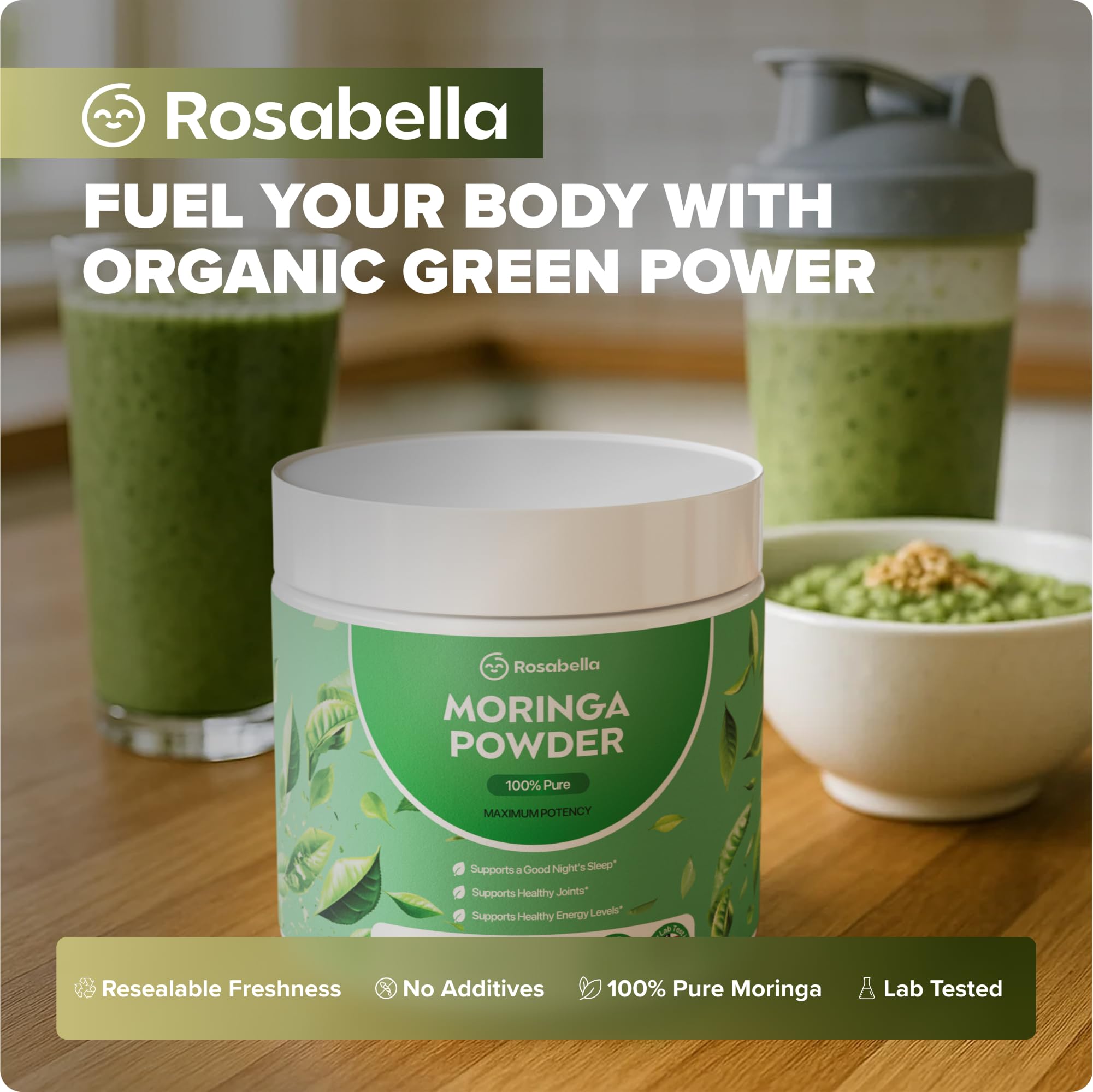 Rosabella Pure Moringa Powder - Energy, Skin, Immune & Gut Health Superfood, Rich in Antioxidants, Essential Vitamins & Amino Acids, Natural Green Superfood Supplement (3.7oz (Pack of 1))