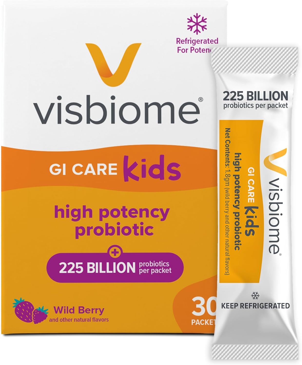 Visbiome® GI Care Kids Probiotic, 225B CFU, Wild Berry, 30 Packets | Original De Simone Formulation®, Multi-Strain, Refrigerated Probiotics, Low FODMAP Certified, Dye-Free, Made in USA