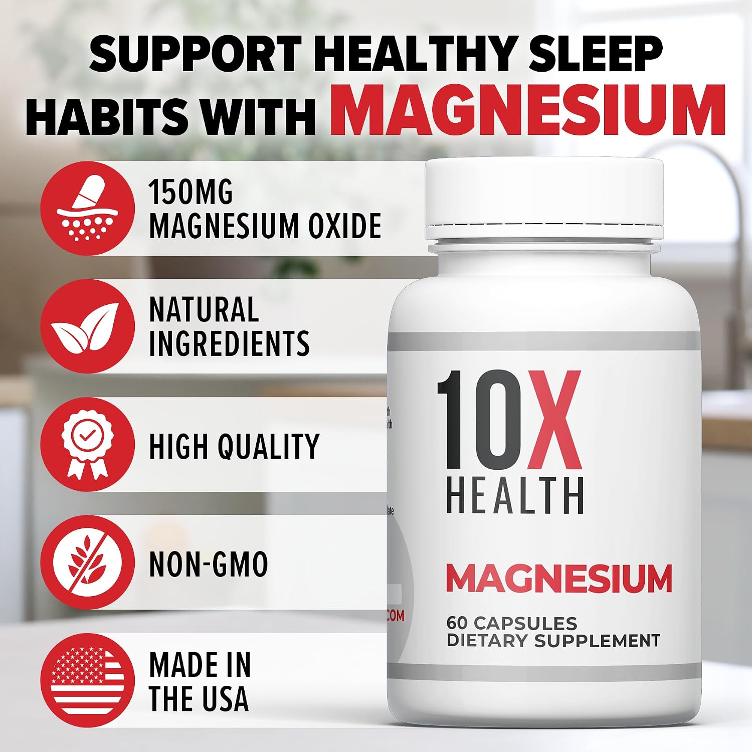 10X Health Magnesium Oxide Supplement, Sleep & Muscle Support, 60 Capsules | Magnesium for sleep support, relaxation support, muscle function, recovery support, and balanced nervous system*