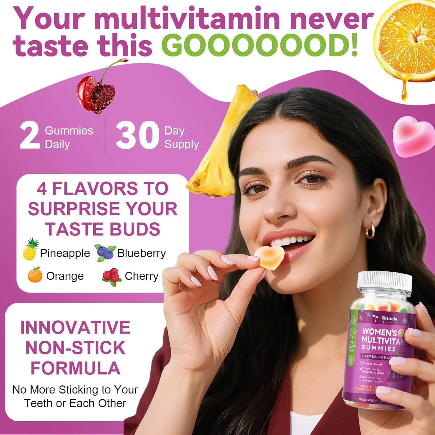 Totaria Sugar Free Womens Multivitamin Gummies with Iron, Women's Multivitamin w/Vitamins C, D3 K2, B12, B6, Filled Gummies for Daily Nutritional Support| Immune Support| Skin Health, Mixed Flavors