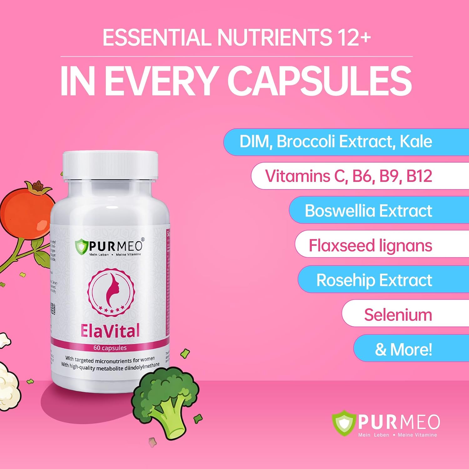purmeo DIM Supplement for Women, Support Hormone Balance, Breast Health | Blend of 15 Nutrients, Clinically Validated, Made in Germany with Traceable PZN, Vegan, Allergy-Free, Non-GMO, 60ct