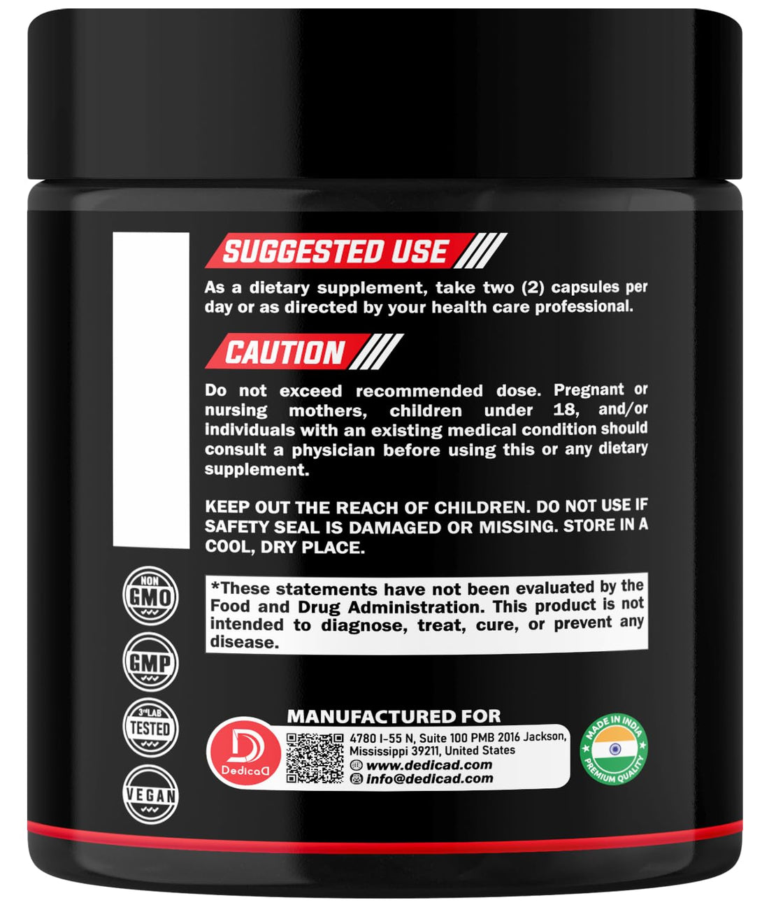 Dedica dietary supplement jar with black lid and colorful label on a white background