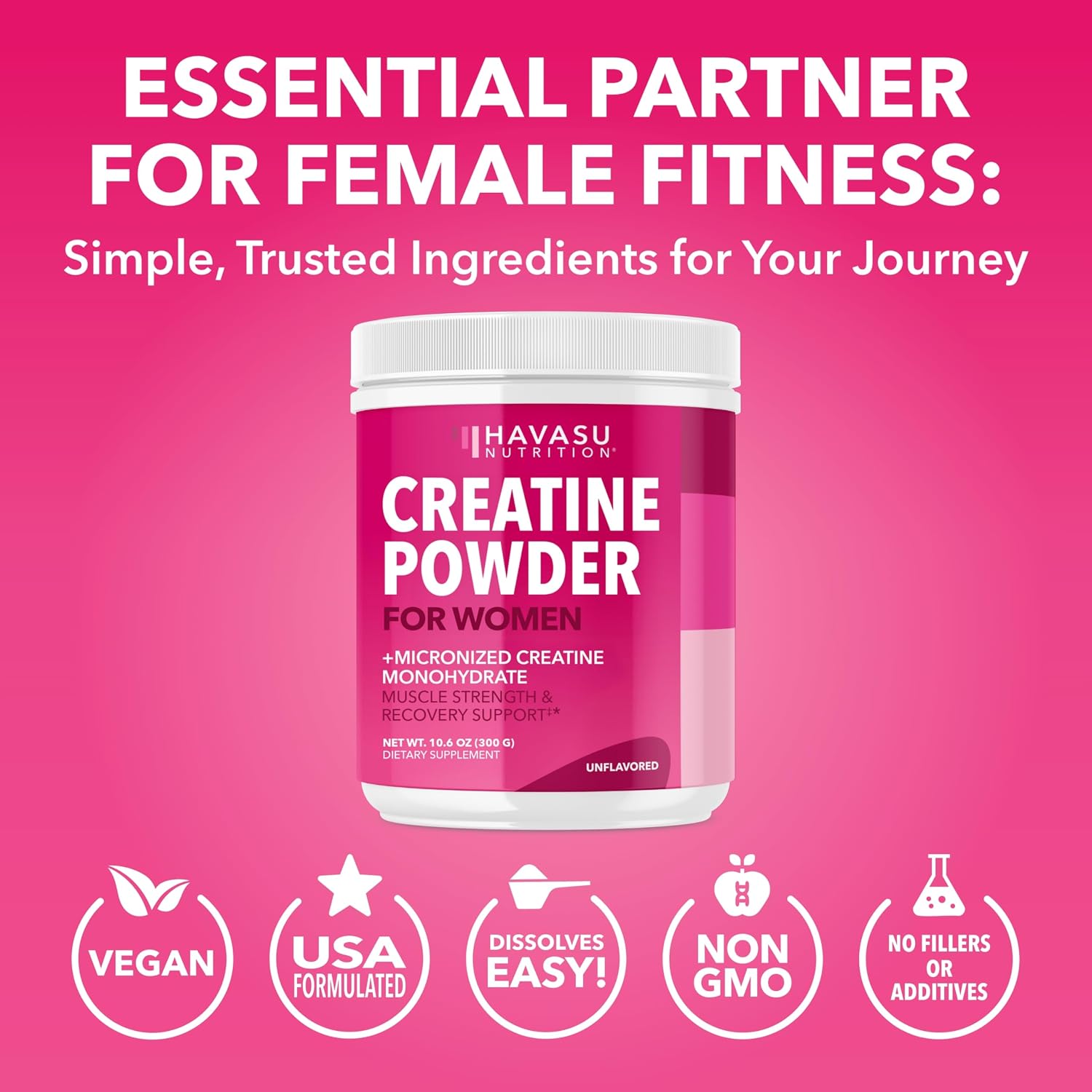 Creatine for Women, Unflavored, 300gm, 3g, Energy & Lean Muscle Support | Micronized Creatine Monohydrate Per Serving, Mental Clarity Support, Post Workout Recovery, Non-GMO, 100 Servings, Vegan