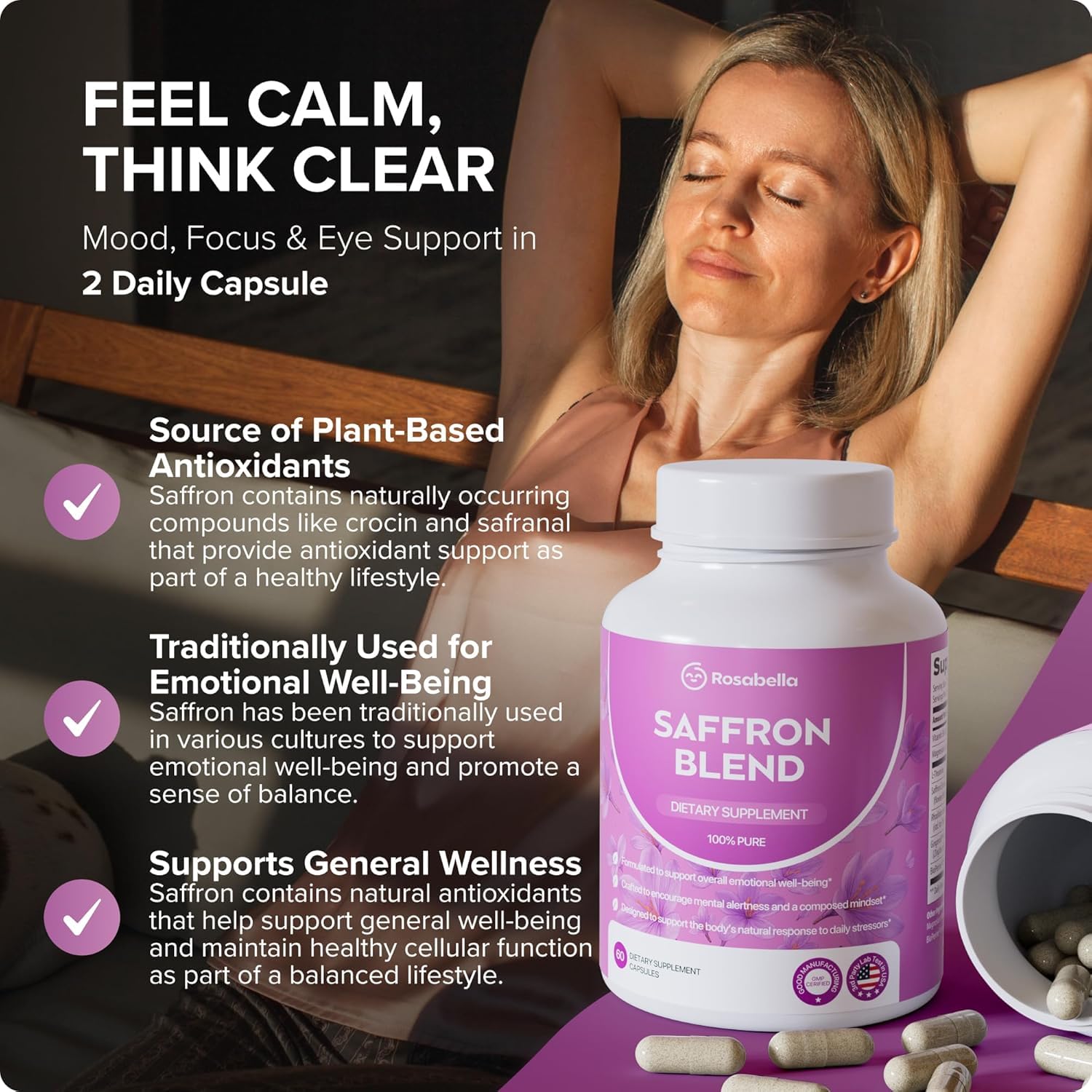 Rosabella Saffron Blend Supplement for Men & Women – Saffron, B6, Magnesium & Herbal Extract Capsules – Supports Mood, Focus & Clarity – Non-GMO, Gluten-Free – 60 Capsules – 30-Day Supply