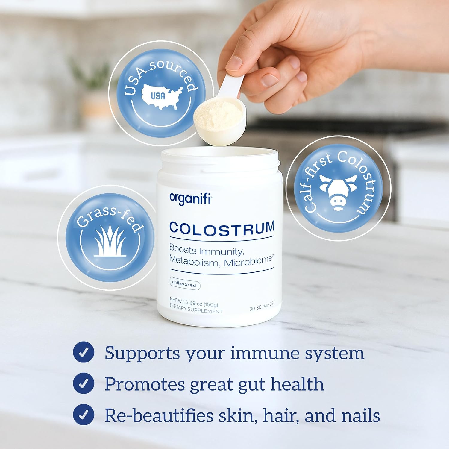 Organifi Bovine Colostrum Powder - Grass-Fed, USA-Sourced Colostrum Supplement for Gut Health, Immune Support and Recovery