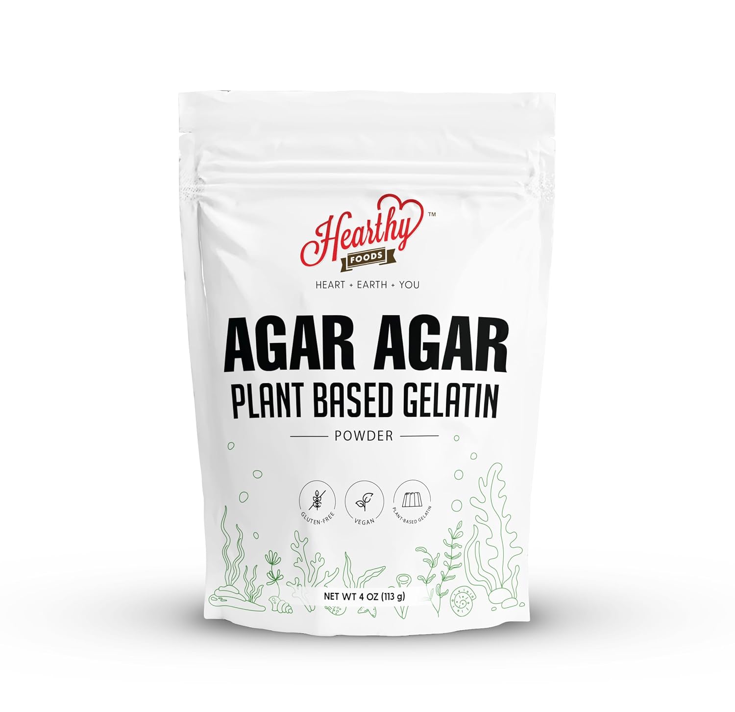 Hearthy Foods Agar Agar Powder (4oz) Vegan Gelatin Substitute, Certified Halal, Kosher, Gluten-free, Non-GMO, 100%, Sugar-free, Kosher, Halal, Desserts, 100% Natural Red Algae