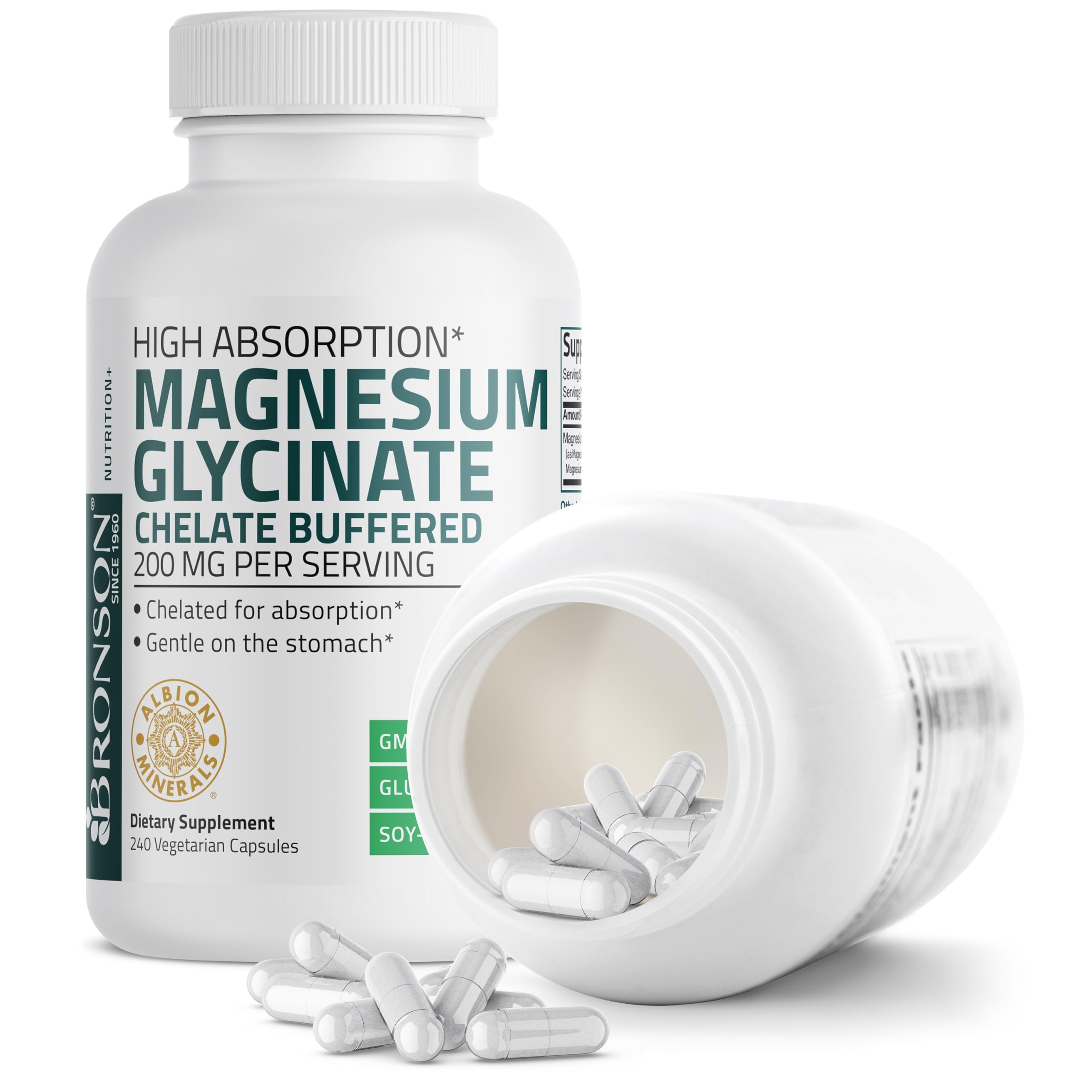 Bronson Magnesium Glycinate 200 MG Chelated High Absorption, 60 Capsules | Stress Relief, Sleep, Heart Health, Nerves, Muscles, and Metabolism Support, Vegetarian, Non-GMO, Gluten Free, Soy Free