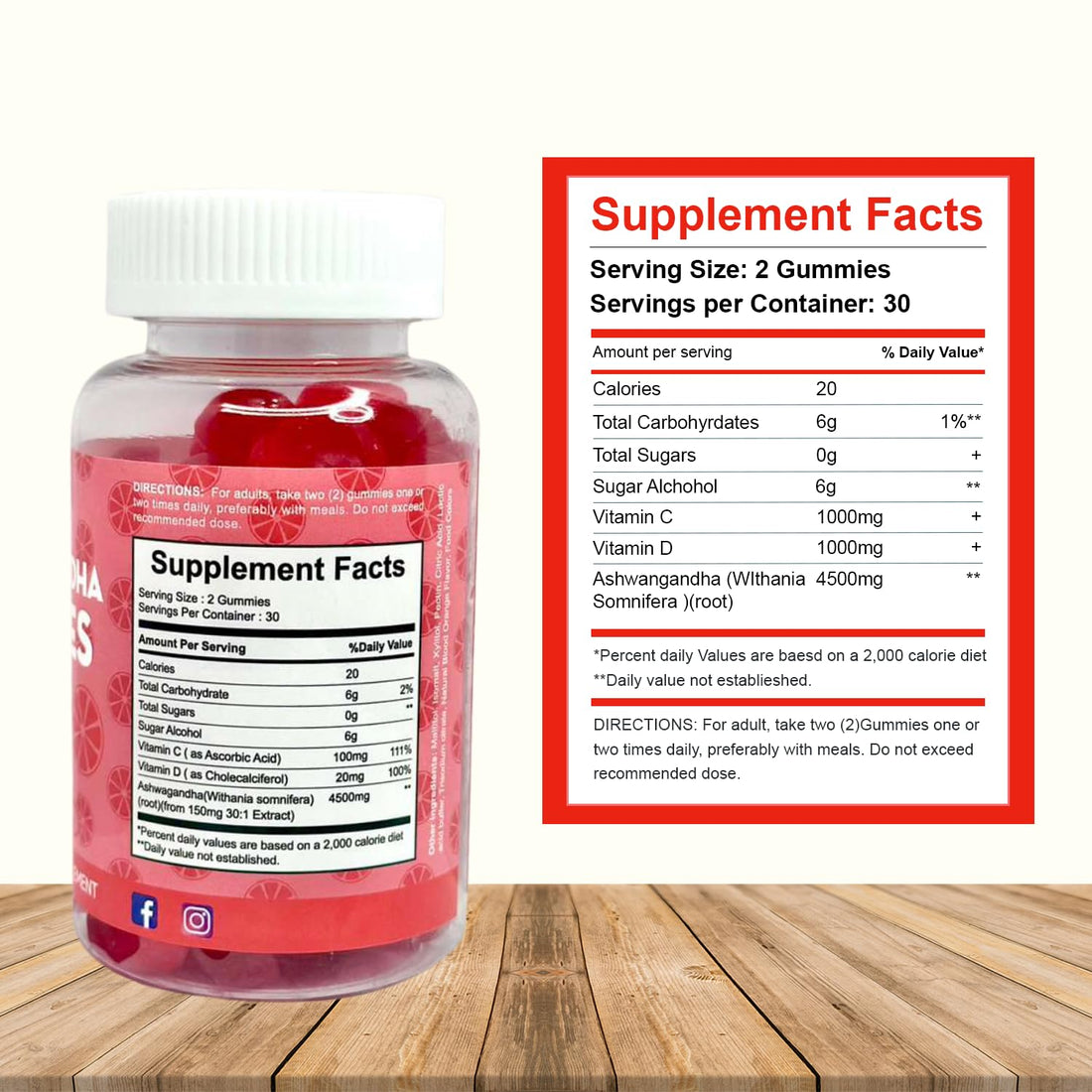 Bottle of Ashwangandha gummies with ingredients on a natural background