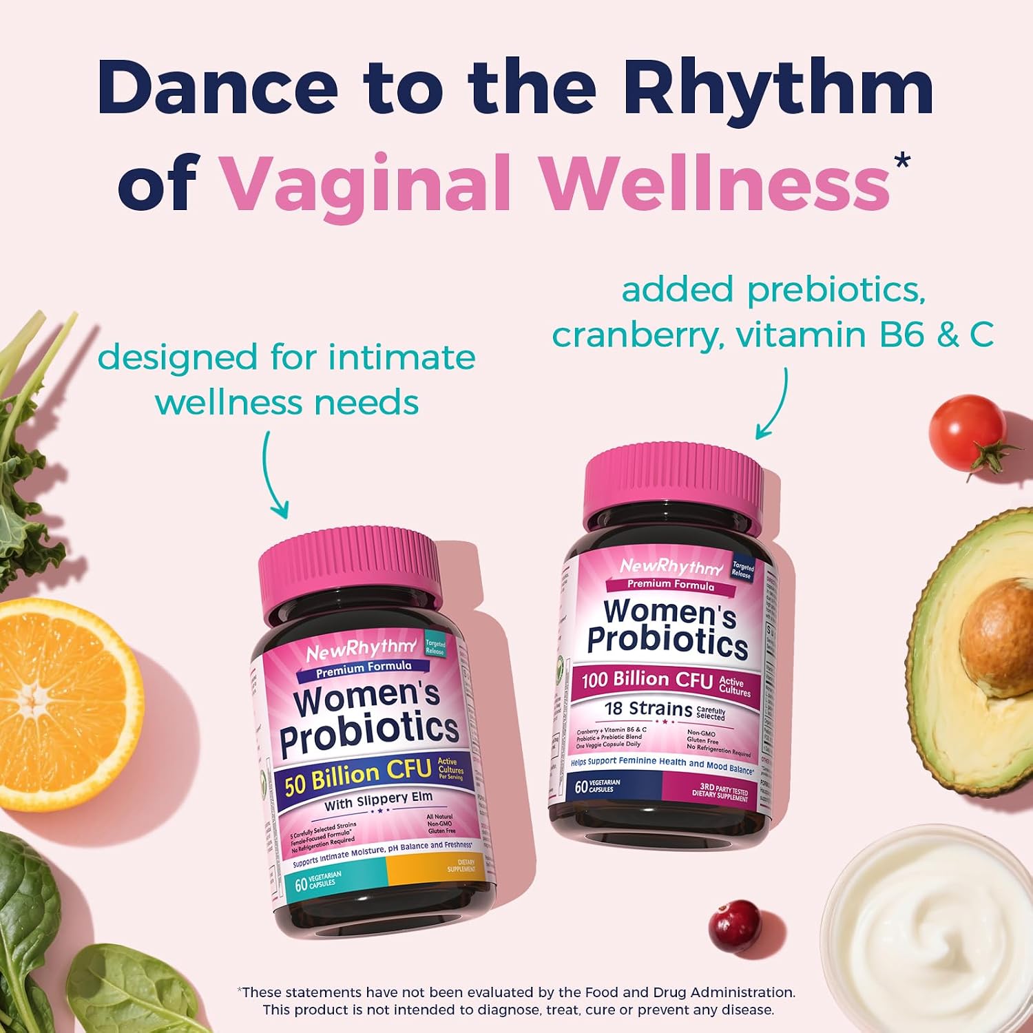 NewRhythm Women's Probiotics Slippery Elm Bark, 50 Billion CFU Per Serving, 5 Strains, All Natural, Non-GMO, Vaginal, Digestive & Immune System Support, 60 Vegan Caps