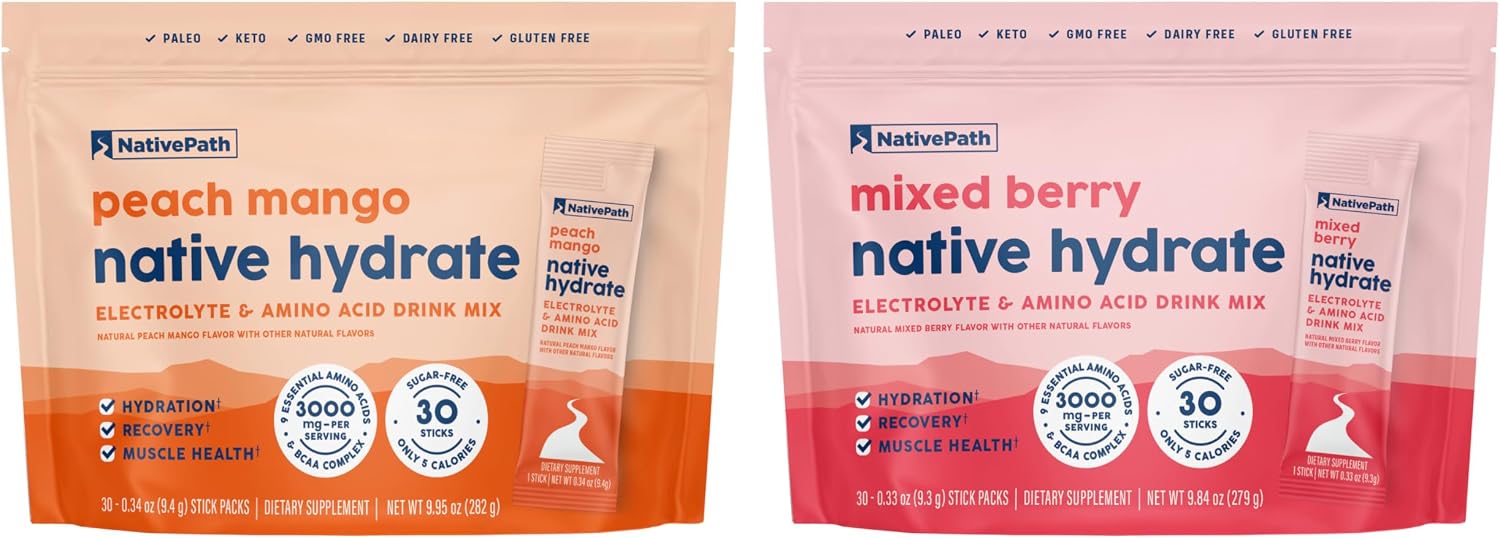 NativePath Hydrate Stick Pack Peach Mango & Mixed Berry Bundle – Zero Sugar Electrolytes with BCAAs