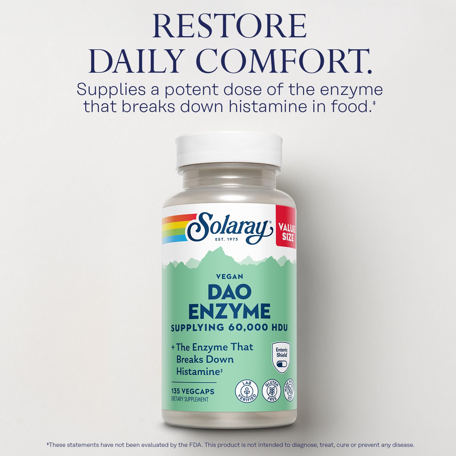 SOLARAY DAO Enzyme - Digestive Enzyme that Breaks Down Histamine - 60,000 HDU - Digestive Enzymes - Vegan, Gluten Free, Lab Verified - 30 Servings, 30 VegCaps