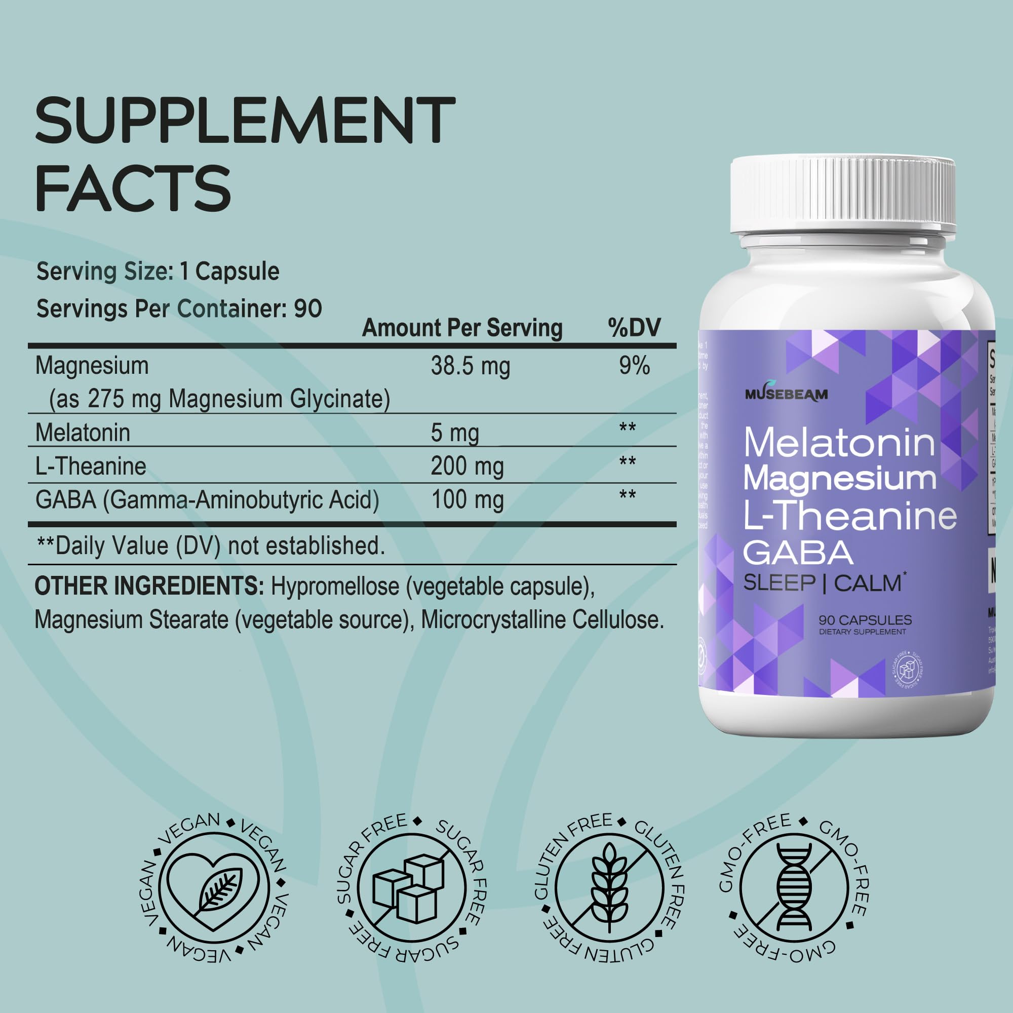 MuseBeam Magnesium Glycinate 275mg Melatonin 5mg L-Theanine 200mg GABA 100mg Capsules - Full Rest Nighttime Bedtime Support Supplement for Men Women - Vegan Sugar-Free Gluten-Free musebeamBuy Supplements Australia