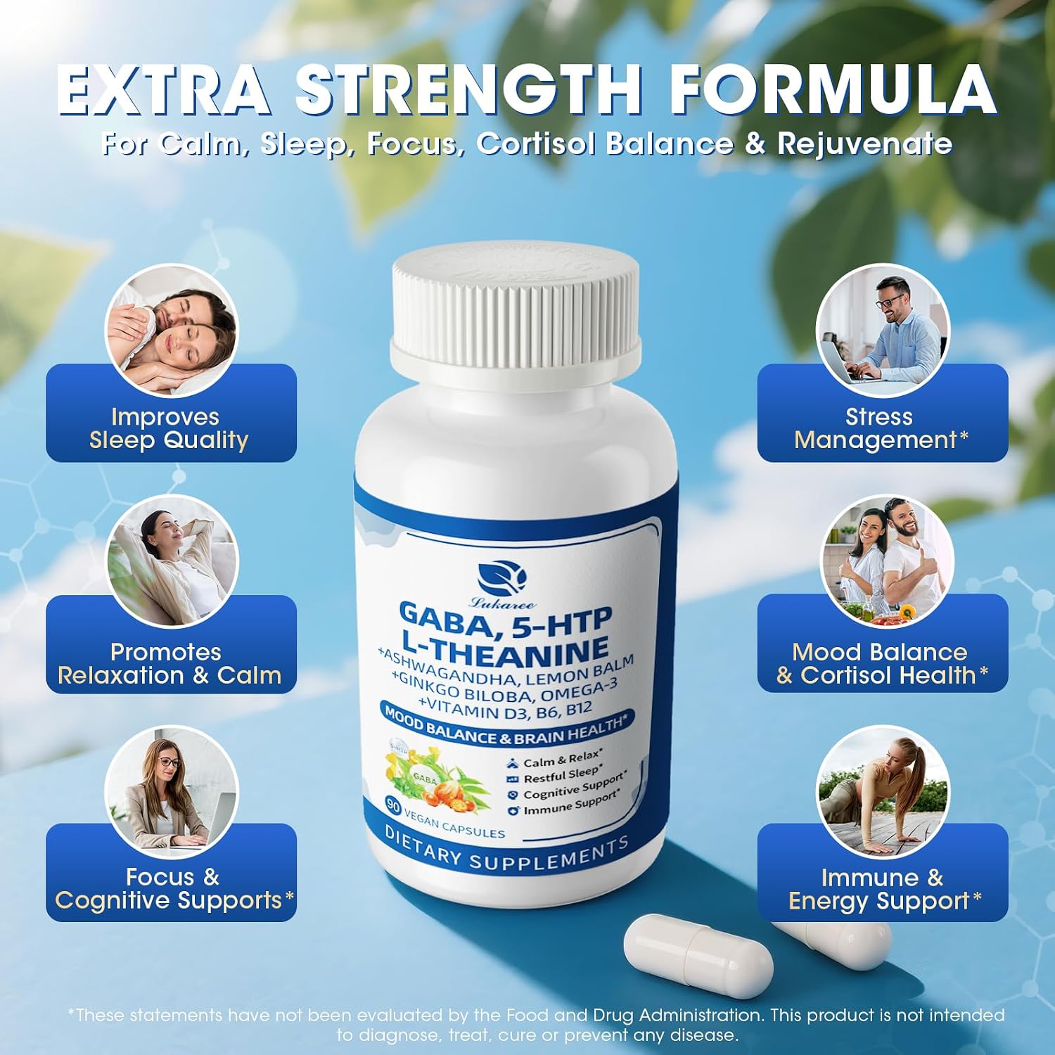 GABA Supplements 750mg with L-Theanine & Ashwagandha for Calm & Sleep 2Pack | 10 in 1 Calm Capsules with 5HTP, Lemon Balm, Ginkgo Biloba, Omega-3 for Relaxation, Focus, Mood Support, Cortisol Balance